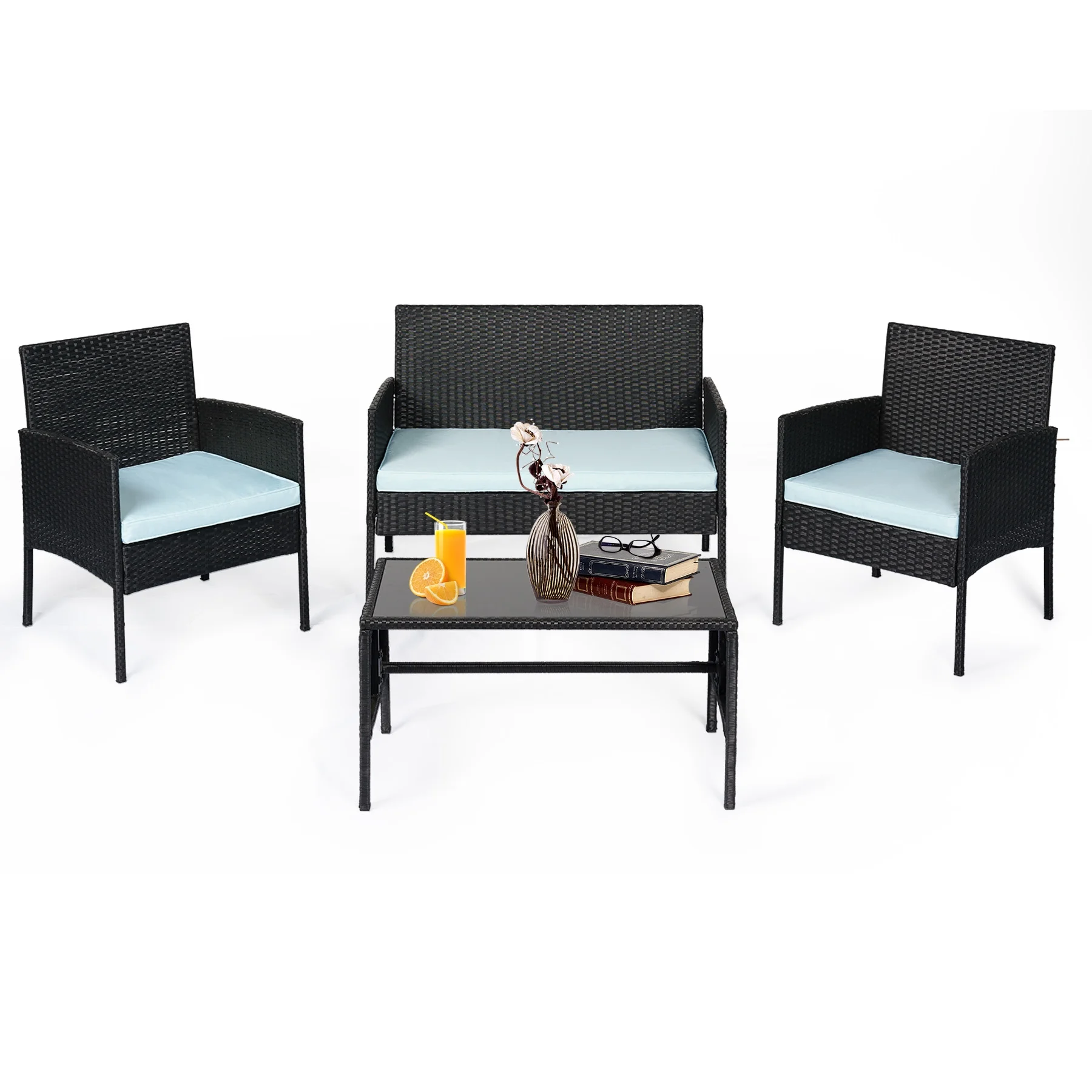 Tappio 4 Piece Patio Conversation Wicker Furniture Set, Outdoor Patio Sectional Furniture Set w/Glass-Top Coffee Table & Gray Cushions, Cushioned Sofa Table for Patio, Red - Cheap Fitting