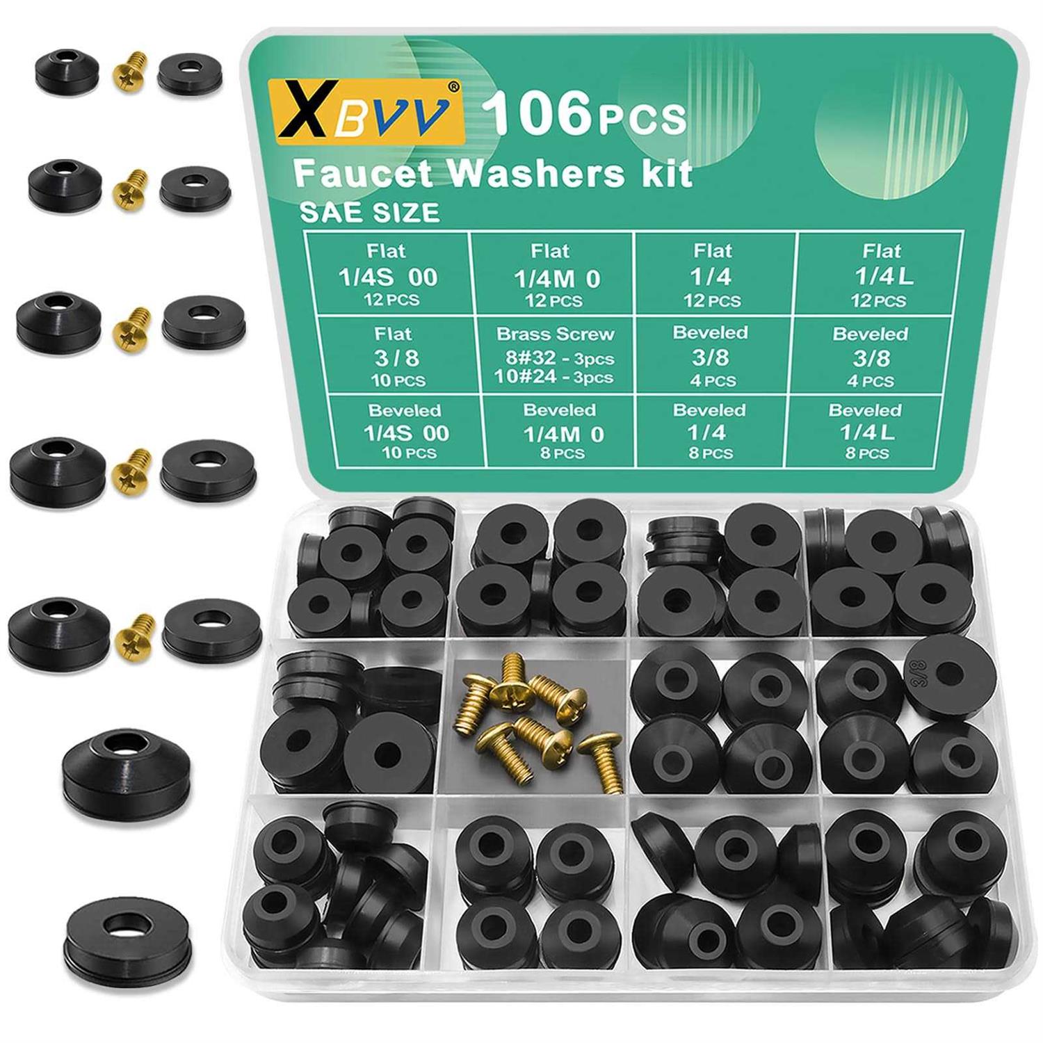 Xbvv 106 Pcs Faucet Washer Assortment Kit with Assorted Flat and Beveled Rubber Washers for Outdoor Garden Faucet Stem Leak Worn Replacement Repair - Cheap Fitting