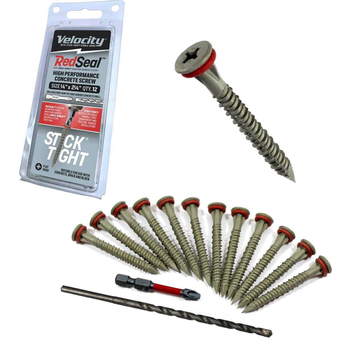 Red Seal Velocity Concrete Screw Kit with RedSeal Moisture Barrier – Includes 12 High-Performance Concrete Screws, 1 Drill Bit, and 1 Driver Bit - Cheap Fitting