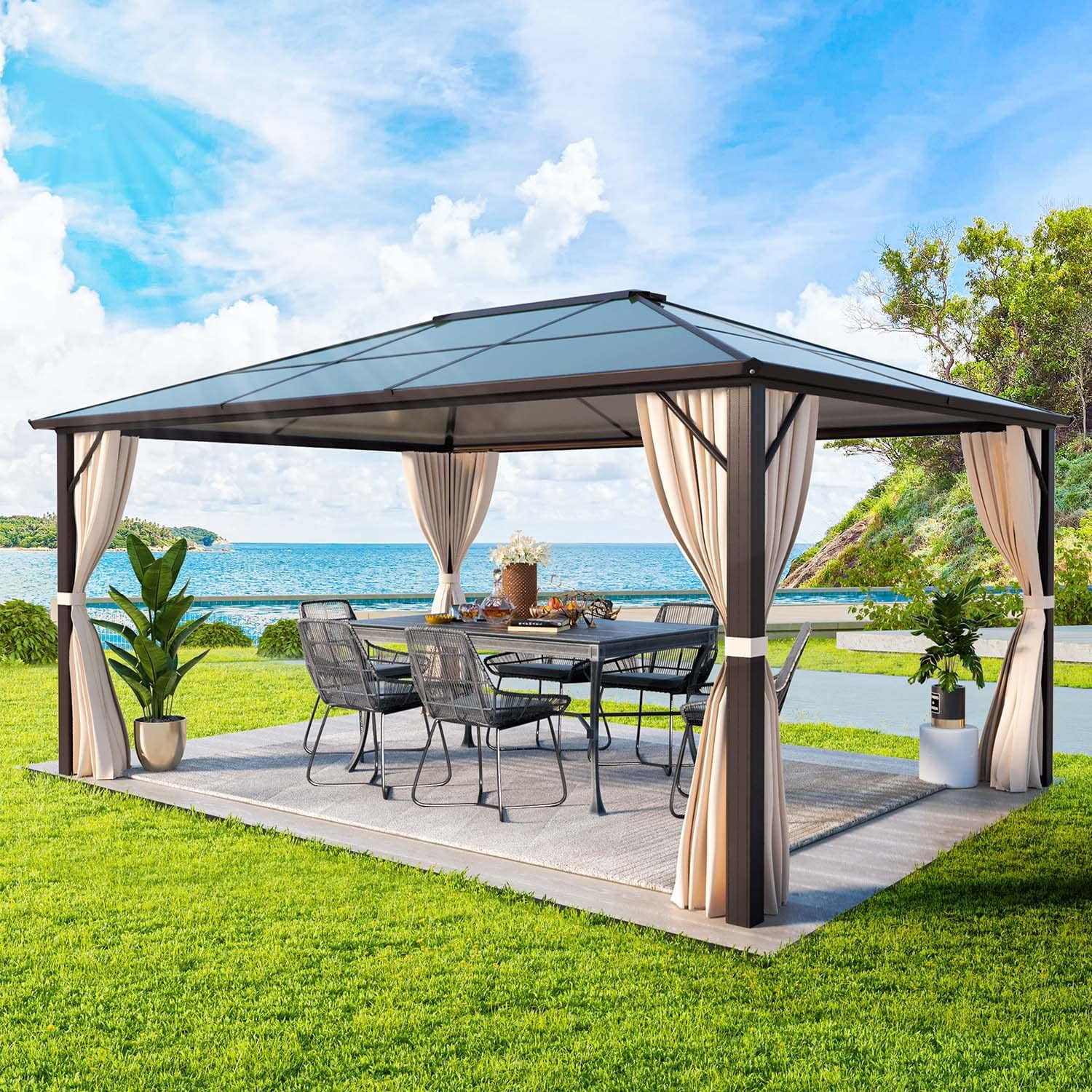 Yoleny 12'x16' Outdoor Polycarbonate Double Roof Hardtop 12 ft Gazebo Canopy, Brown - Cheap Fitting