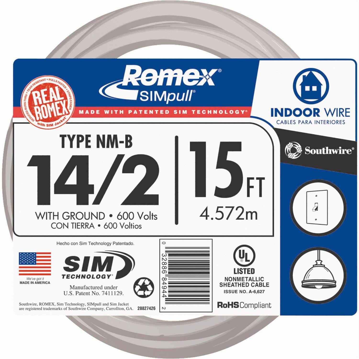 28827426 15′ 14/2 with Ground Romex Brand SIMpull Residential Indoor Electrical Wire Type NM-B, White - Cheap Fitting