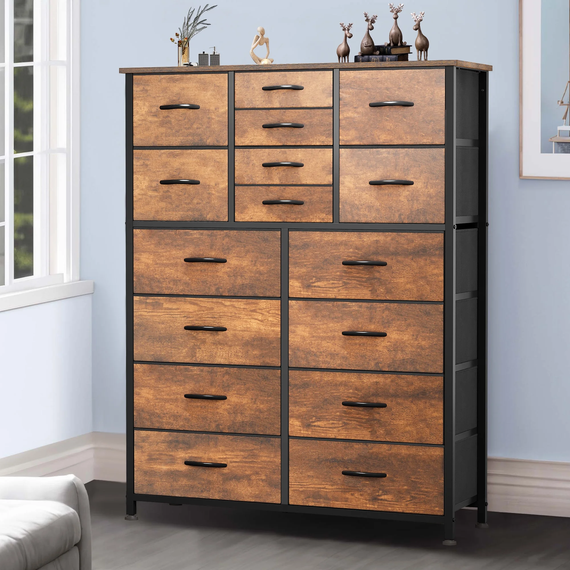 Dextrus 16 Drawer Dresser, Tall Fabric Dresser for Bedroom, Large Chest of Drawers, with Sturdy Metal Frame and Wooden Top - Cheap Fitting