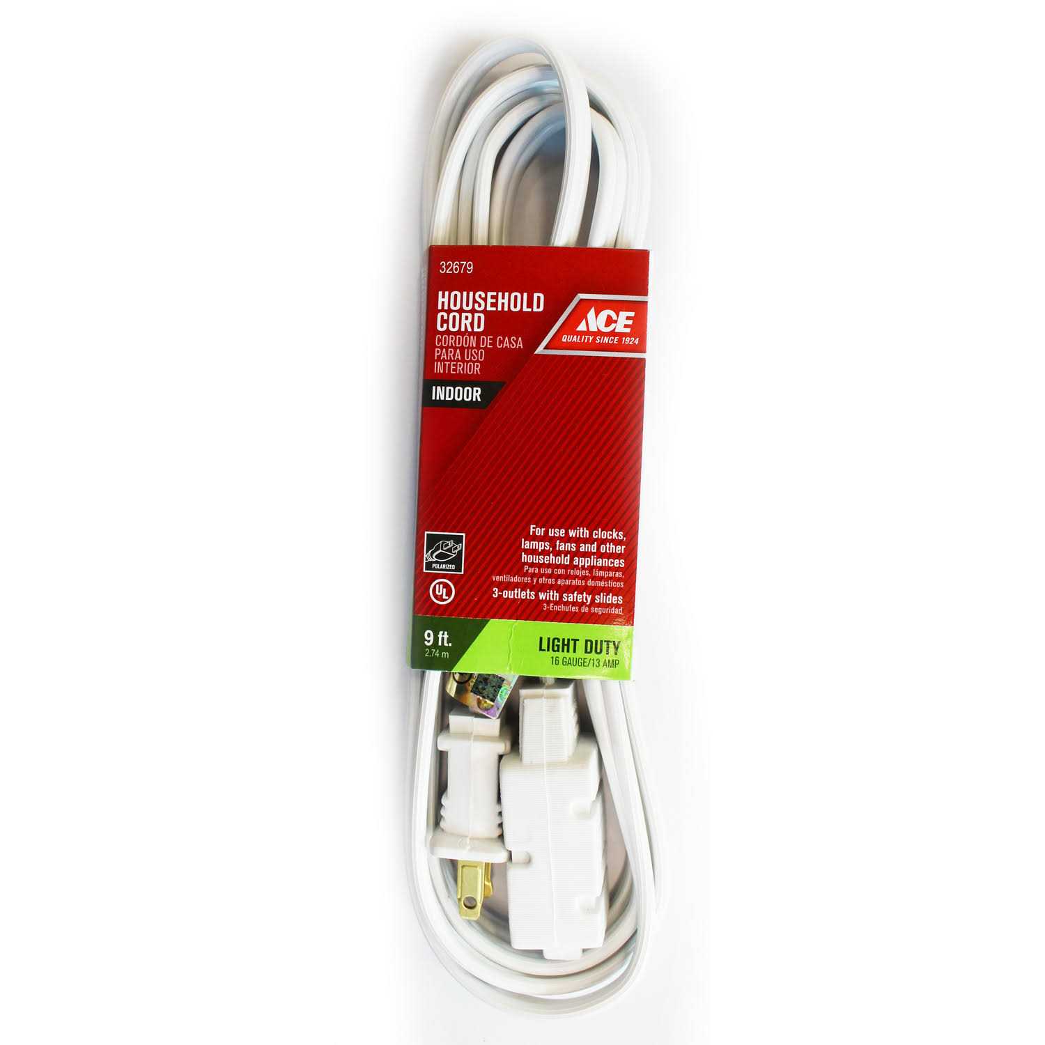 Ace Indoor 9 ft. L White Extension Cord 16/2 SPT-2 - Cheap Fitting