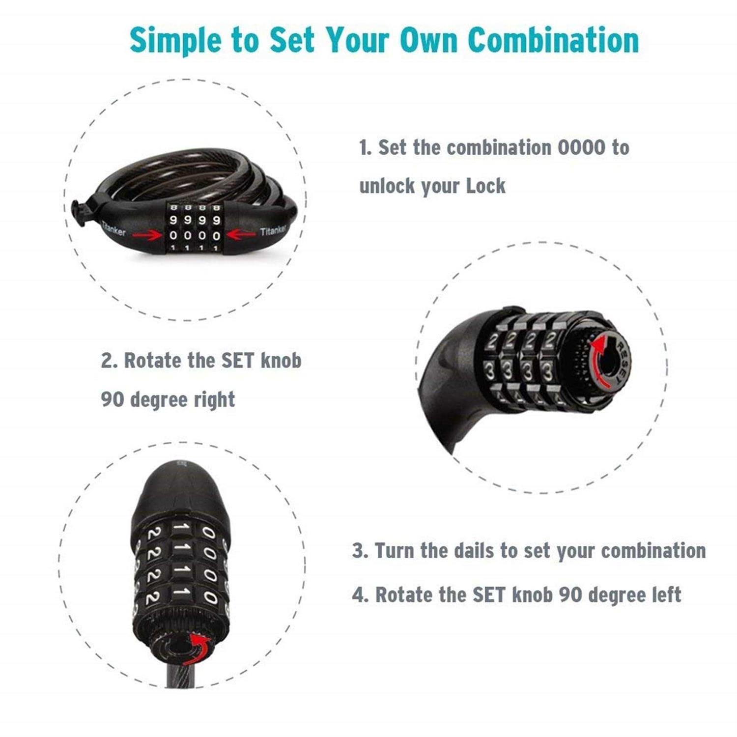 Titanker Bike Lock Lock For Bike Locks With Combinations Resettable Bike Lock Cable 4 Feet With Mounting Bracket 1/2 Inch Diameter - Cheap Fitting