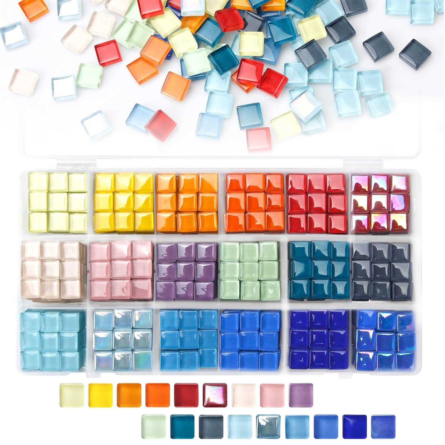 900 pcs 2.2LB Glass Mosaic Tiles 18 Colors 10mm Mosaic Glass Pieces with Storage Box - Cheap Fitting