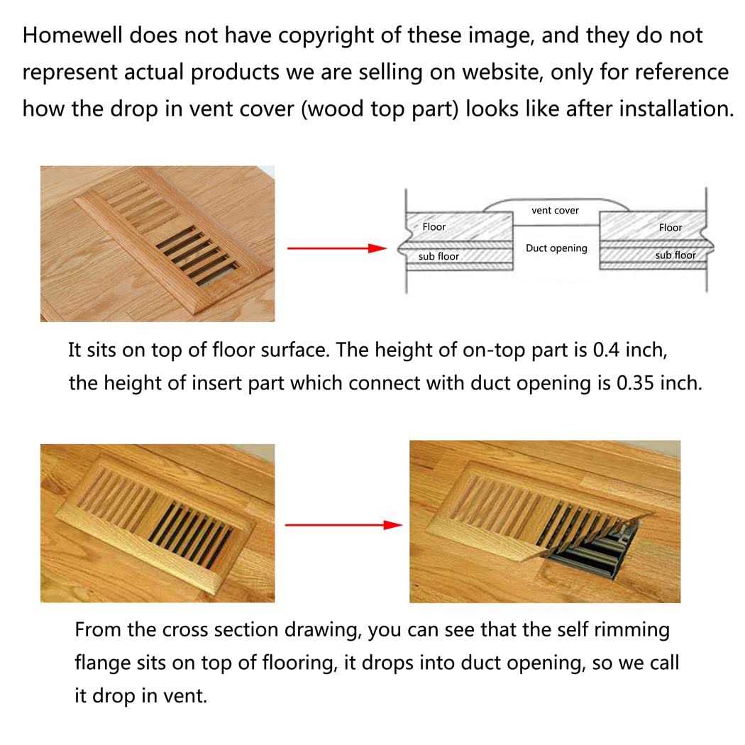 Homewell Red Oak Wood Floor Register Drop In Vent with Damper - Cheap Fitting
