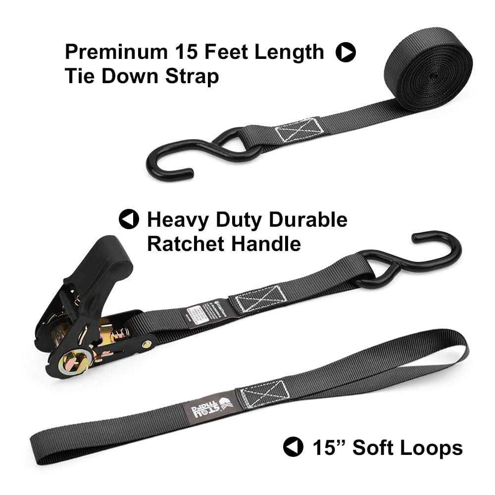Stay There Ratchet Tie Down Straps 1” x15′ Ratchet Straps with S Hook - Cheap Fitting