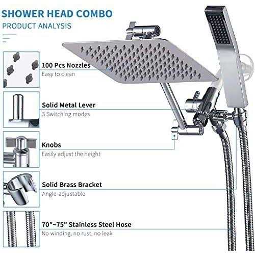 G-promise All Metal 8 Dual Square Shower Head Combo Rain Handheld Wand with 71 Extra Long Flexible Hose - Cheap Fitting