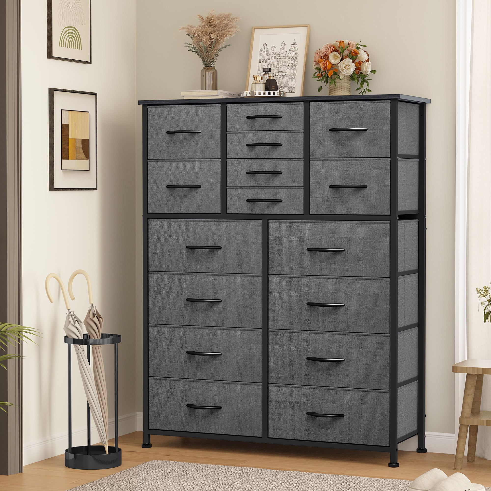 Dextrus 16 Drawer Dresser, Tall Fabric Dresser for Bedroom, Large Chest of Drawers, with Sturdy Metal Frame and Wooden Top - Cheap Fitting