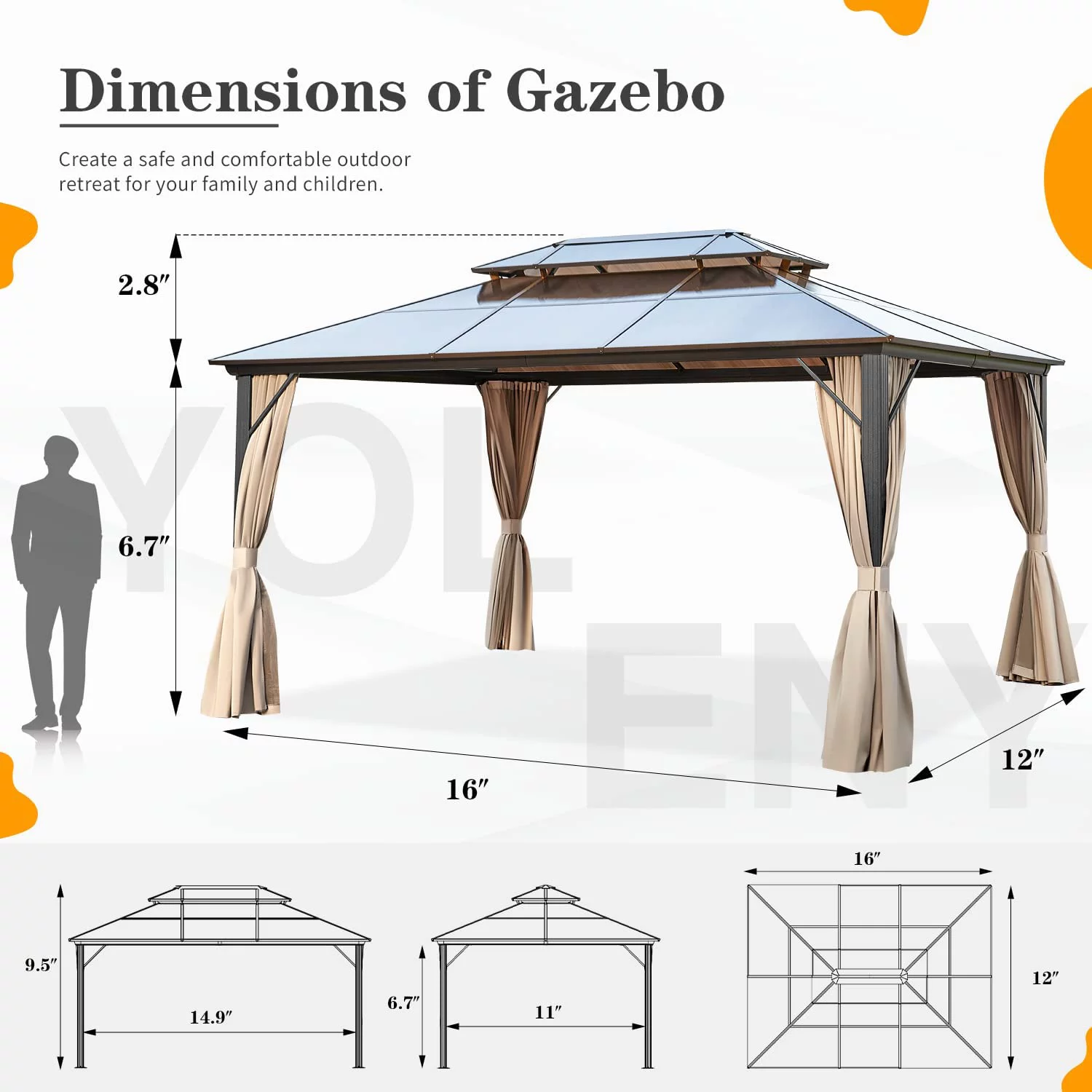 Yoleny 12'x16' Outdoor Polycarbonate Double Roof Hardtop 12 ft Gazebo Canopy, Brown - Cheap Fitting