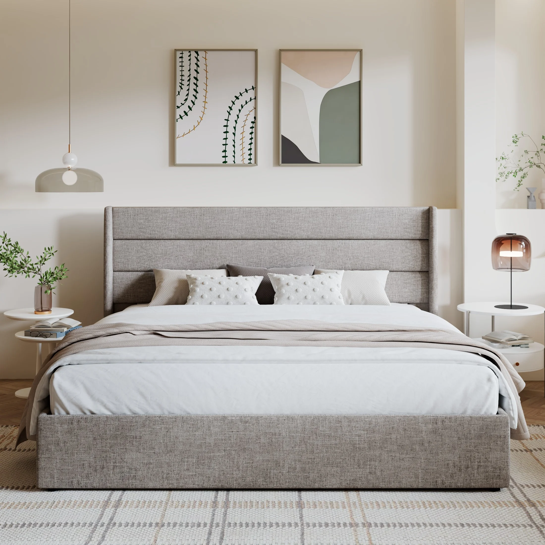 Amolife King Size Upholstered Lift up Storage Platform Bed Frame with Channel Wingback Headboard, Beige, Adult - Cheap Fitting