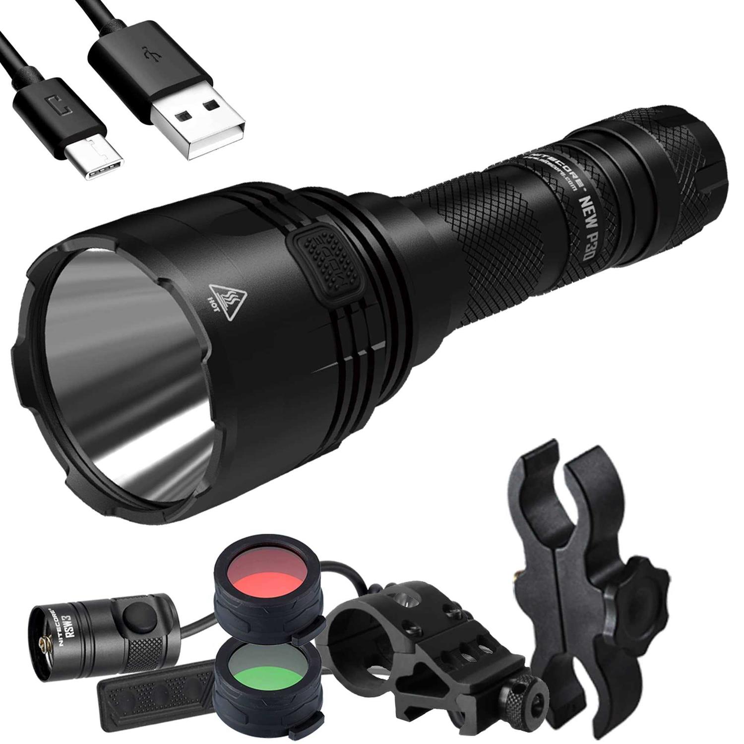 Nitecore New P30 1000 Lumen 676 Yard Long Throw Hunting Flashlight, USB-C Rechargeable NL2150, RSW3 Pressure Switch, and LumenTac Hunting Kit - Cheap Fitting