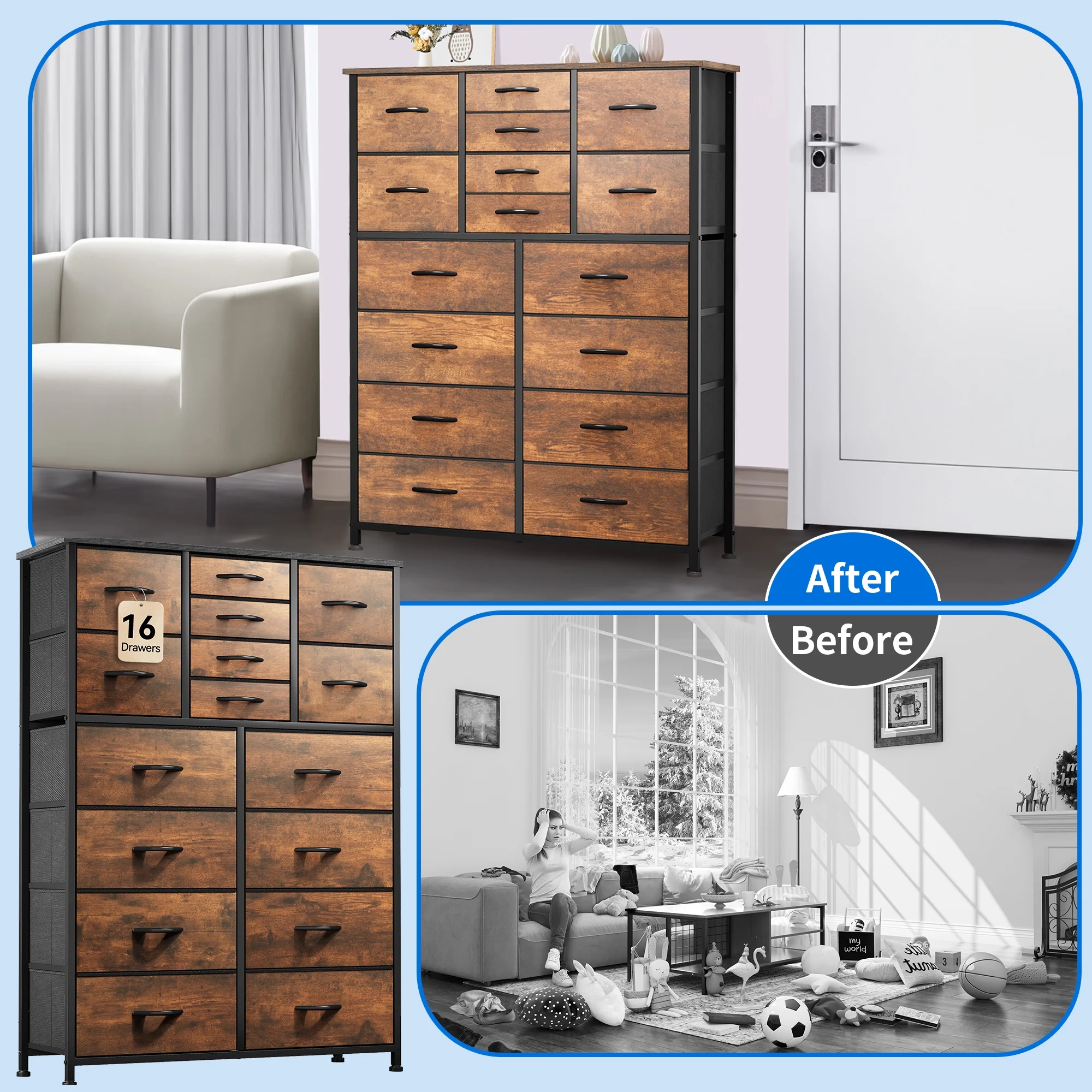 Dextrus 16 Drawer Dresser, Tall Fabric Dresser for Bedroom, Large Chest of Drawers, with Sturdy Metal Frame and Wooden Top - Cheap Fitting