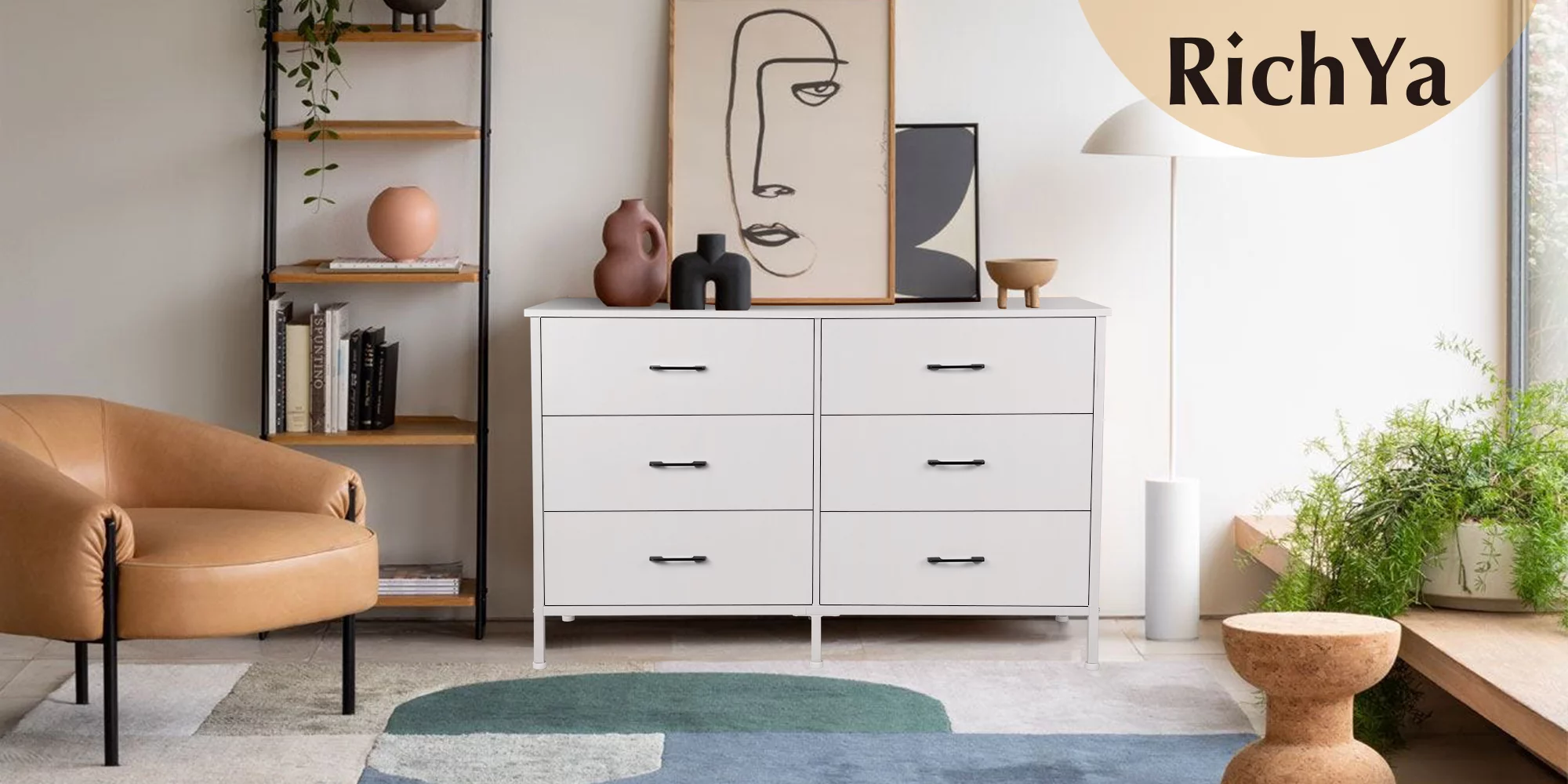 47.3'' Drawer Dresser Chest of 6 Drawers, Storage Dresser Tower for Bedroom, Living Room, Hallway, Nursery, White Storage Cabinet Wooden Dresser with Steel Frame, White - Cheap Fitting