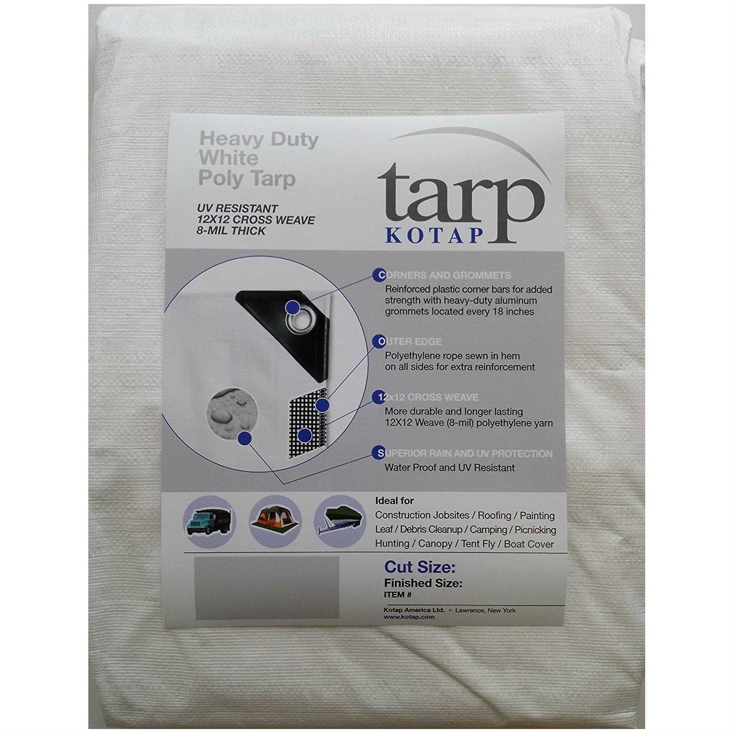 Kotap 4.3m x 4.3m Heavy-Duty 12 by 12 Cross Weave 8-mil White Poly Tarp - Cheap Fitting