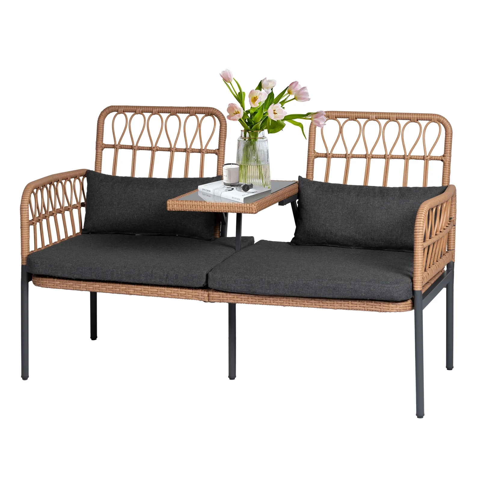 Tappio Outdoor Rattan Loveseat, Patio Rattan Conversation Set Seat Sofa Cushioned Loveseat Table Chairs with Built-in Coffee Table, Gray - Cheap Fitting