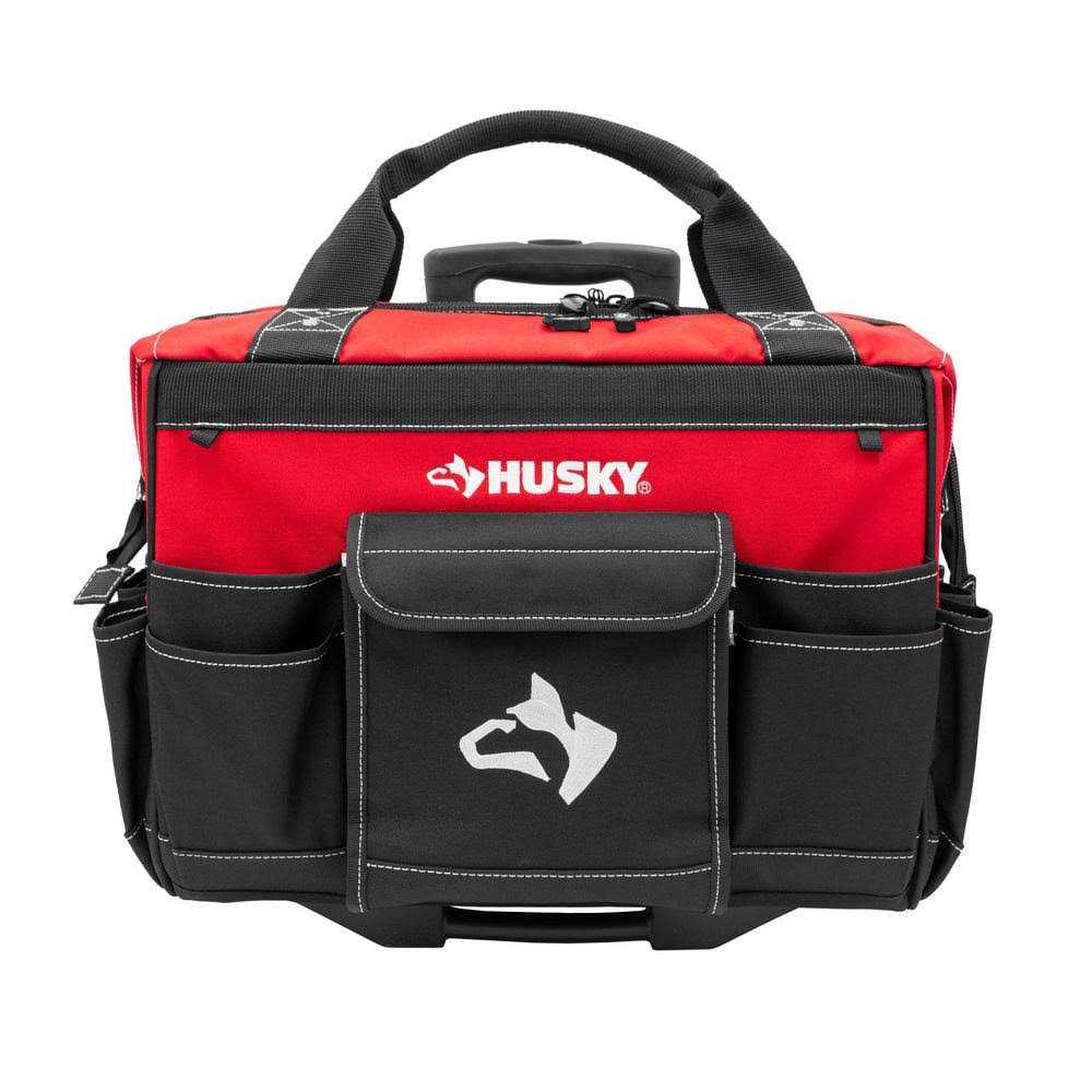 Husky 18 in. Zipper Top Rolling Weather Resistant Tool Tote Bag in Red with 18 total pockets and heavy-duty telescoping handle HD65018-TH - Cheap Fitting