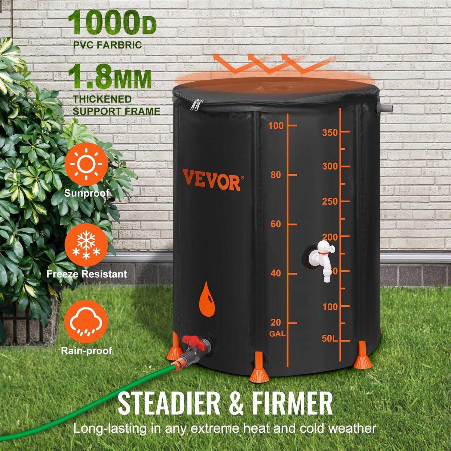 VEVOR Collapsible Rain Barrel, 100 Gallon Large Capacity, PVC Rainwater Collection System Including Spigots and Overflow Kit - Cheap Fitting