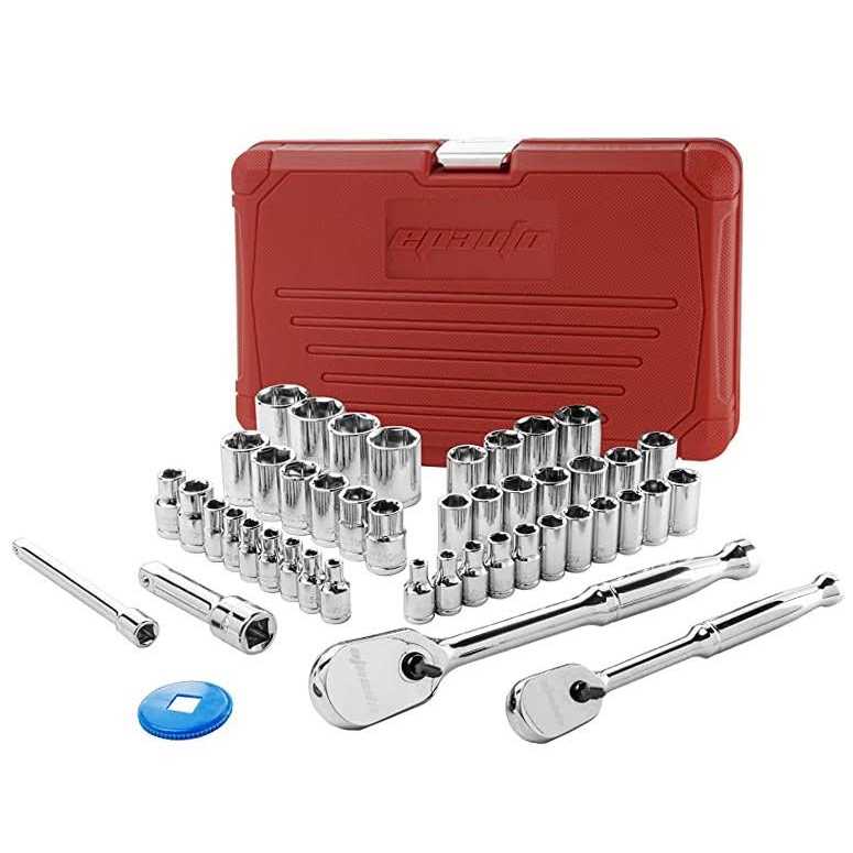 Epauto 46 Pieces 1/4-Inch and 3/8-Inch Drive Socket Set with 90 Tooth Reversible Ratchet - Cheap Fitting