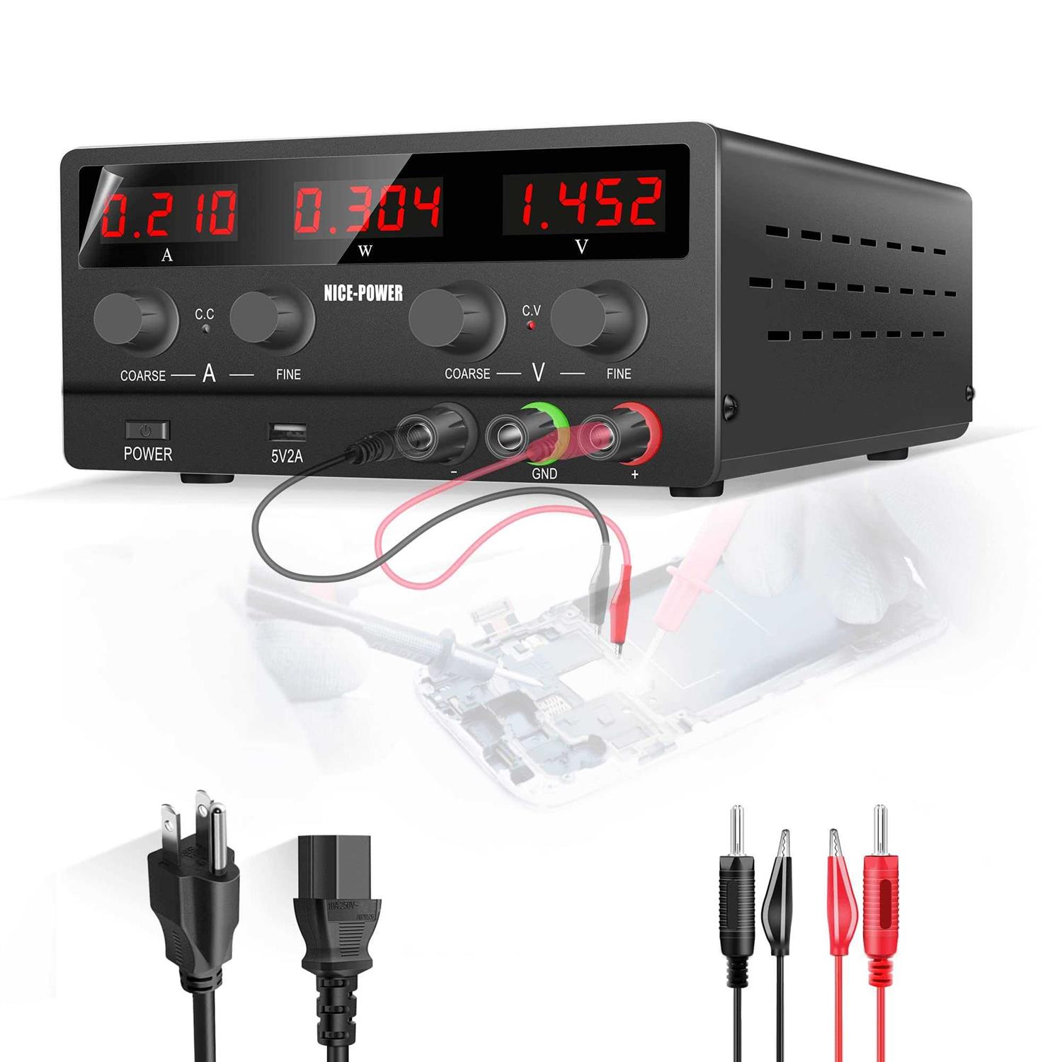 NICE-Power Adjustable DC Power Supply 30v 5A Variable Switching Regulated High Precision 4-Digits LED Display 5V/2A USB Port Output & Input Power - Cheap Fitting