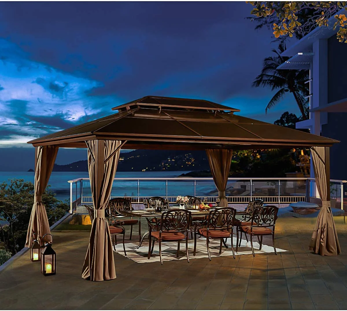 Yoleny 12'x16' Outdoor Polycarbonate Double Roof Hardtop 12 ft Gazebo Canopy, Brown - Cheap Fitting