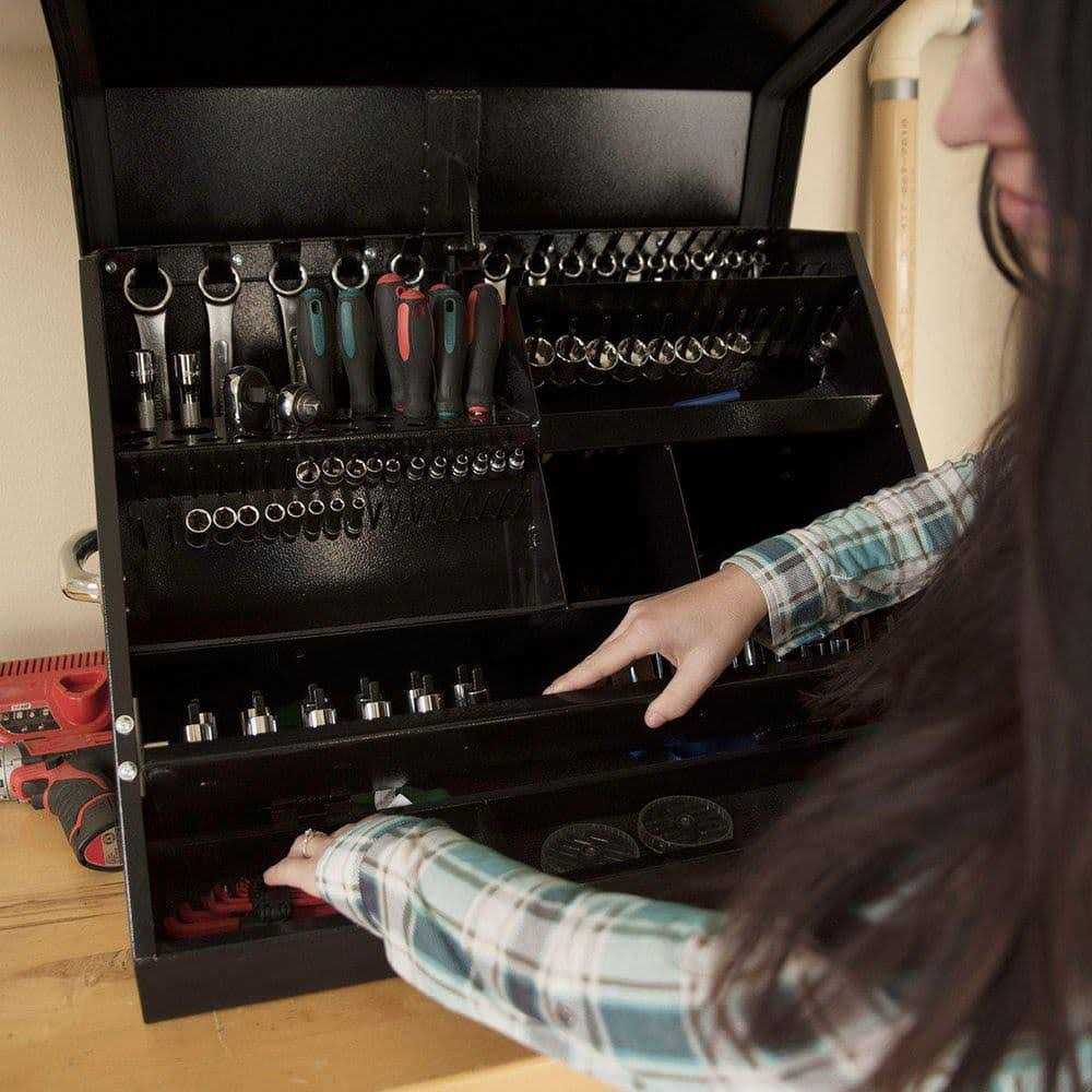 Montezuma 27 in. W x 18 in. D Portable Triangle Top Tool Chest for Sockets, Wrenches and Screwdrivers in Black - Cheap Fitting