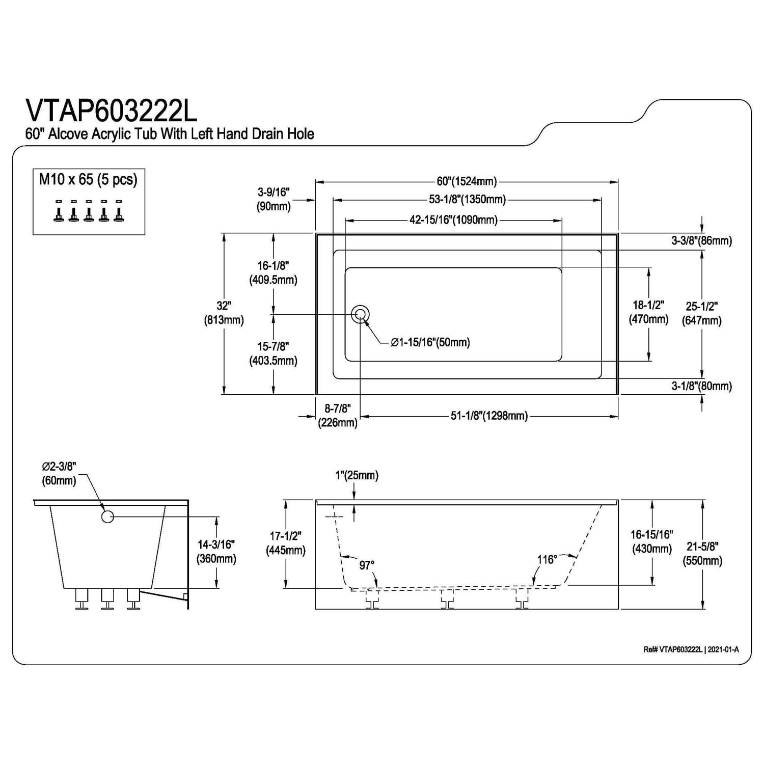 Aqua Eden VTAP603622R 60-Inch Acrylic Alcove Tub with Right Hand Drain - Cheap Fitting