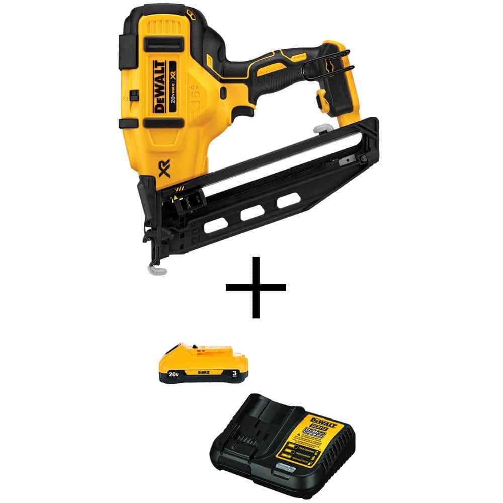 DEWALT 20V MAX XR Lithium-Ion 16-Gauge Cordless Angled Finish Nailer Battery and - Cheap Fitting