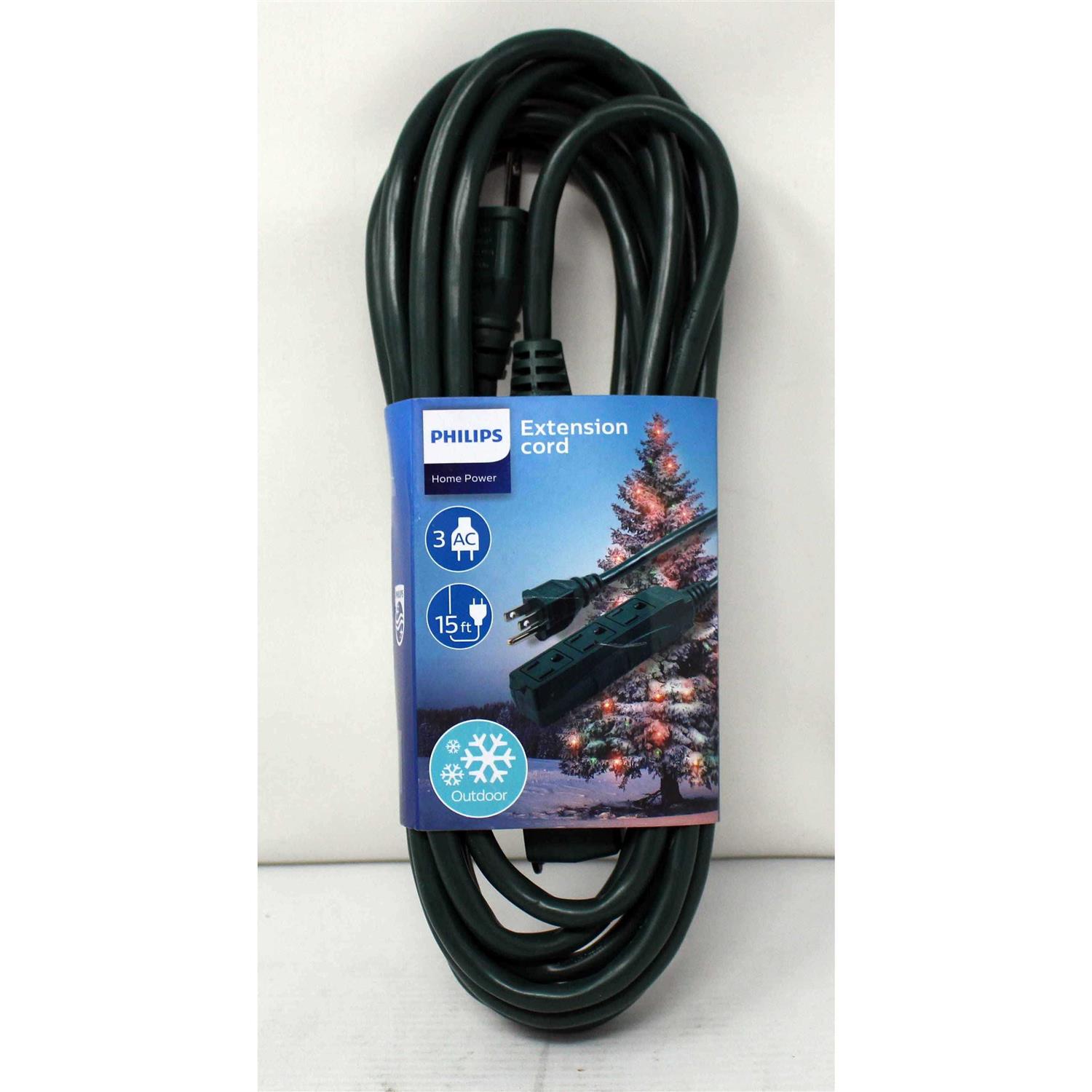 Philips 15ft Green Grounded Extension Cord 3 Outlet Outdoor - Cheap Fitting