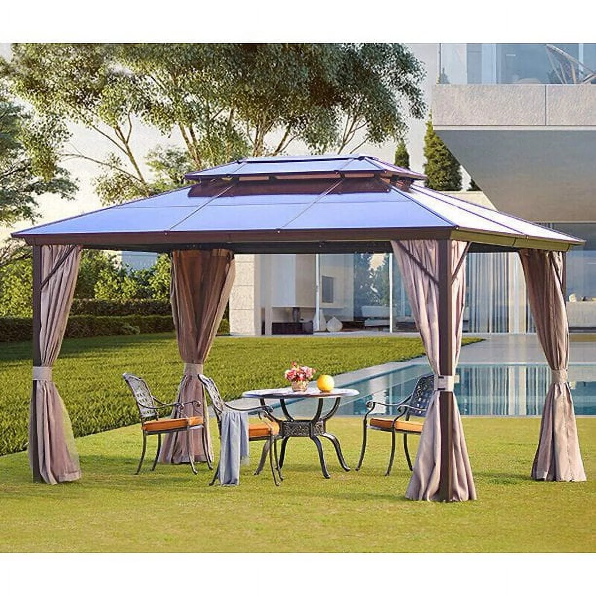 Yoleny 12'x16' Outdoor Polycarbonate Double Roof Hardtop 12 ft Gazebo Canopy, Brown - Cheap Fitting