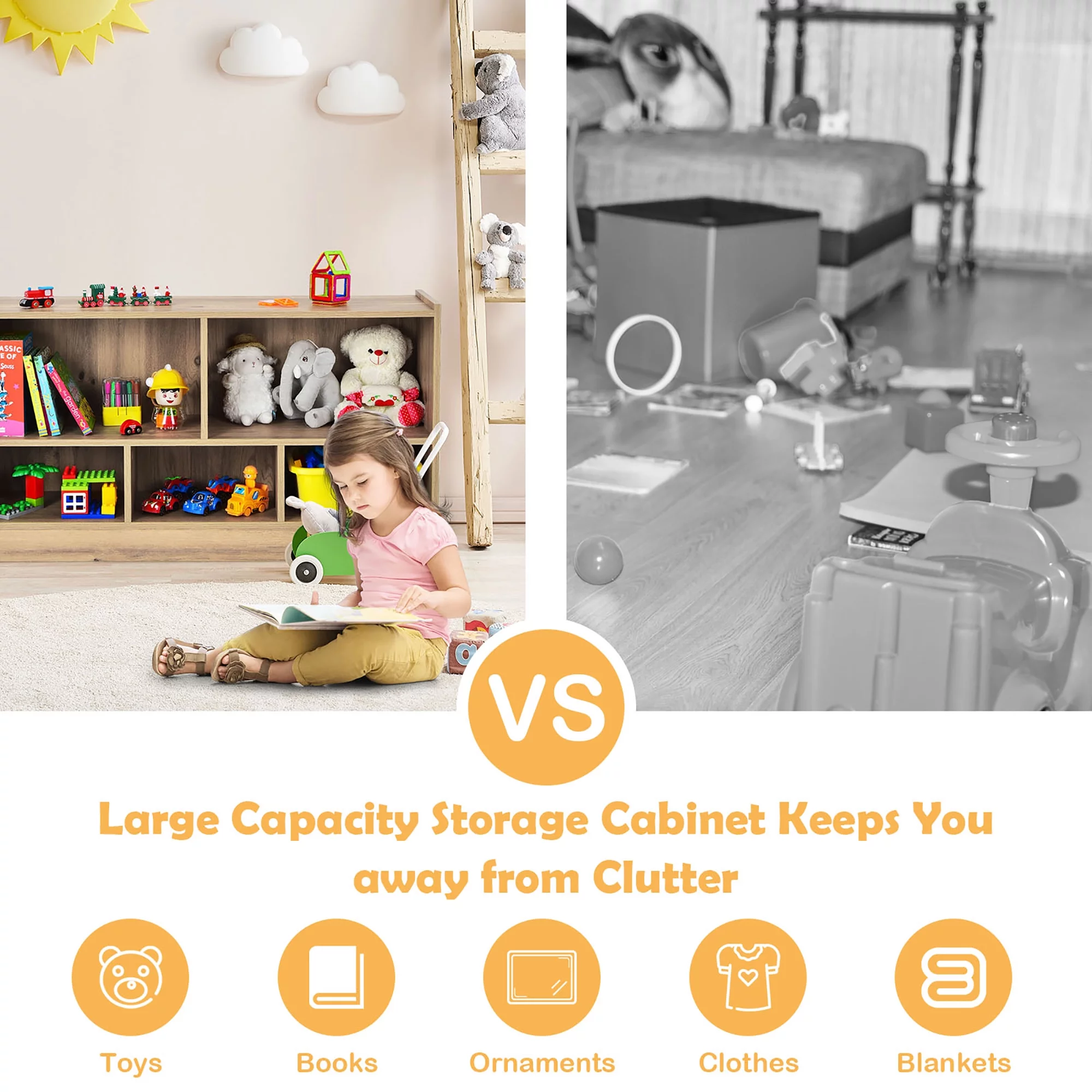 Costway Kids 2-Shelf Bookcase 5-Cube Wood Toy Storage Cabinet Organizer White - Cheap Fitting