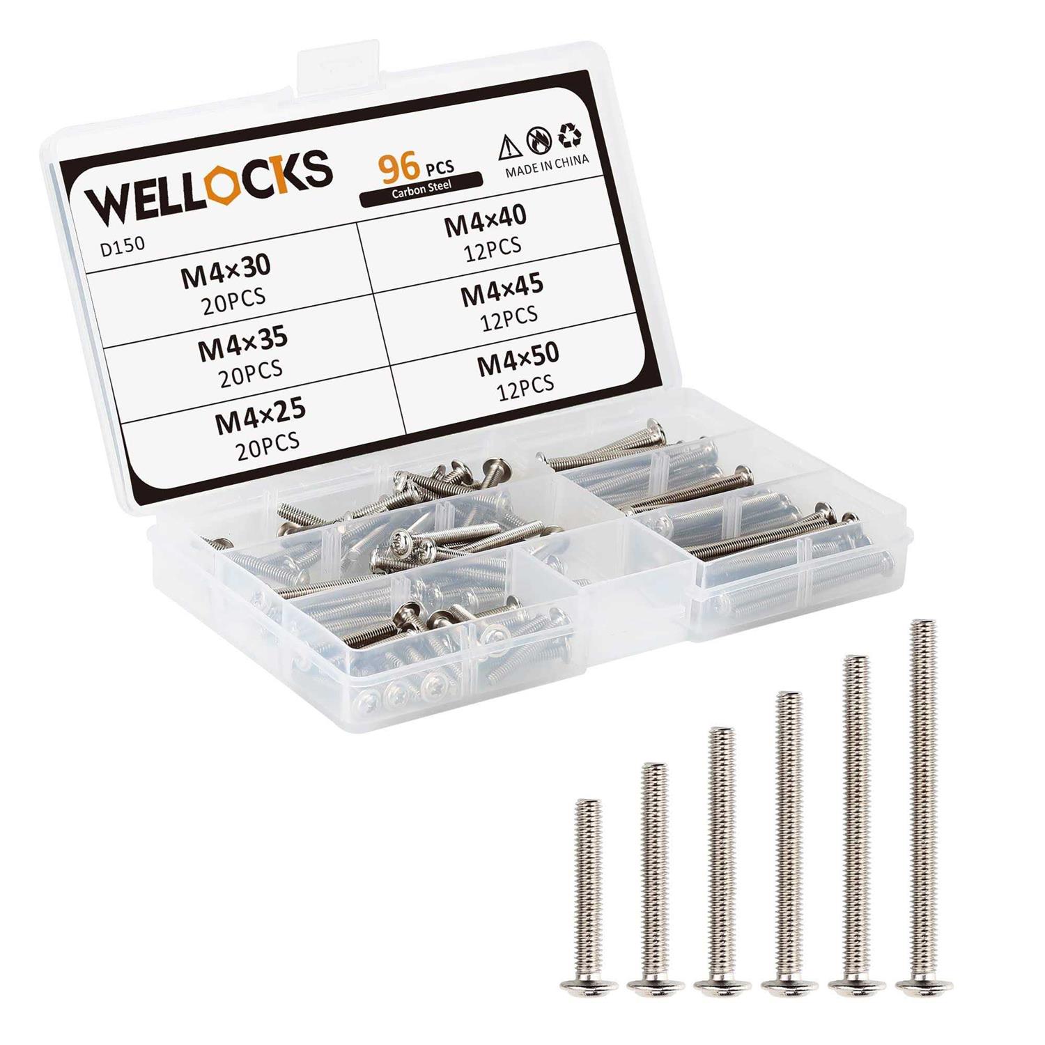 wellocks Cabinet Pulls Knobs Screws M4 25-50mm 96 pcs Assortment Machine Screws Pan Washer Head Metal Phillips Screws Kit for Cabinet Drawer - Cheap Fitting