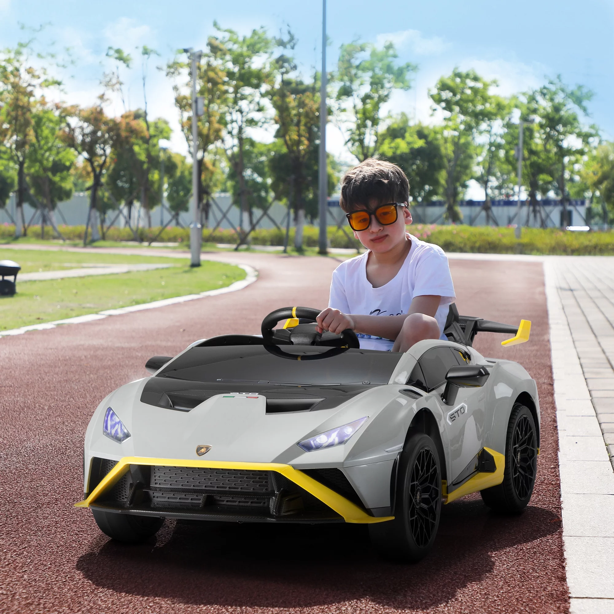 TOBBI 24V Lamborghini STO Licensed Kids Ride on Drift Car Gray Electric Car W/Remote Control LED Lights, up to 10 mph - Cheap Fitting