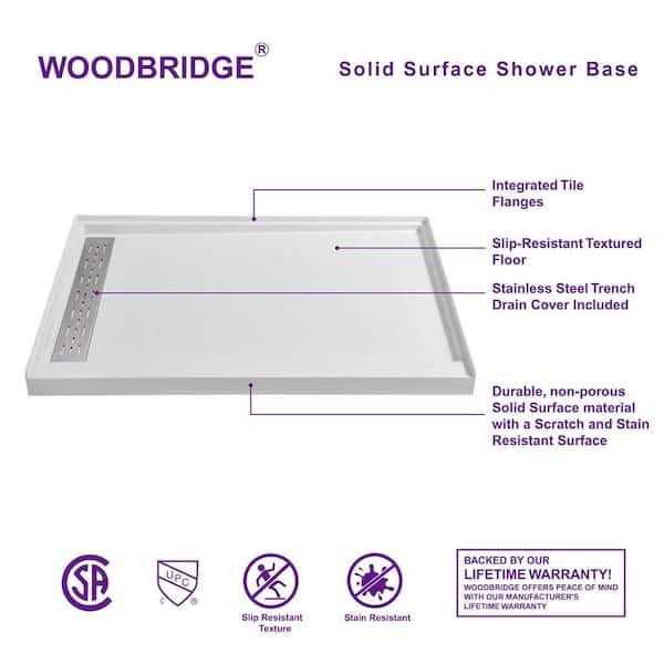 WOODBRIDGE 60 in. L x Solid Surface Alcove Shower Pan Base Drain in White - Cheap Fitting