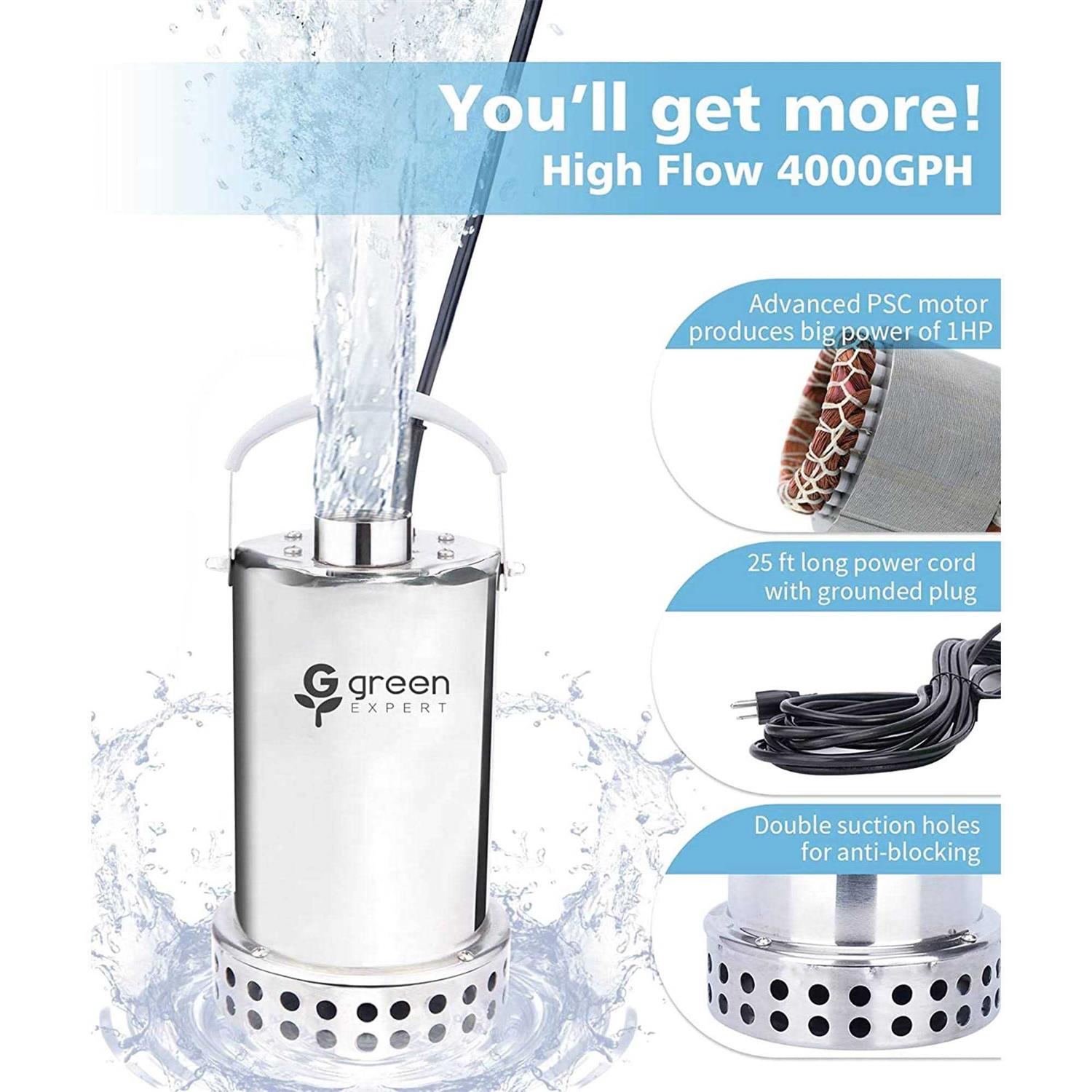 G green EXPERT 1HP Submersible Water Removal Sump Pump w/ 4000gph Flow Rate - Cheap Fitting