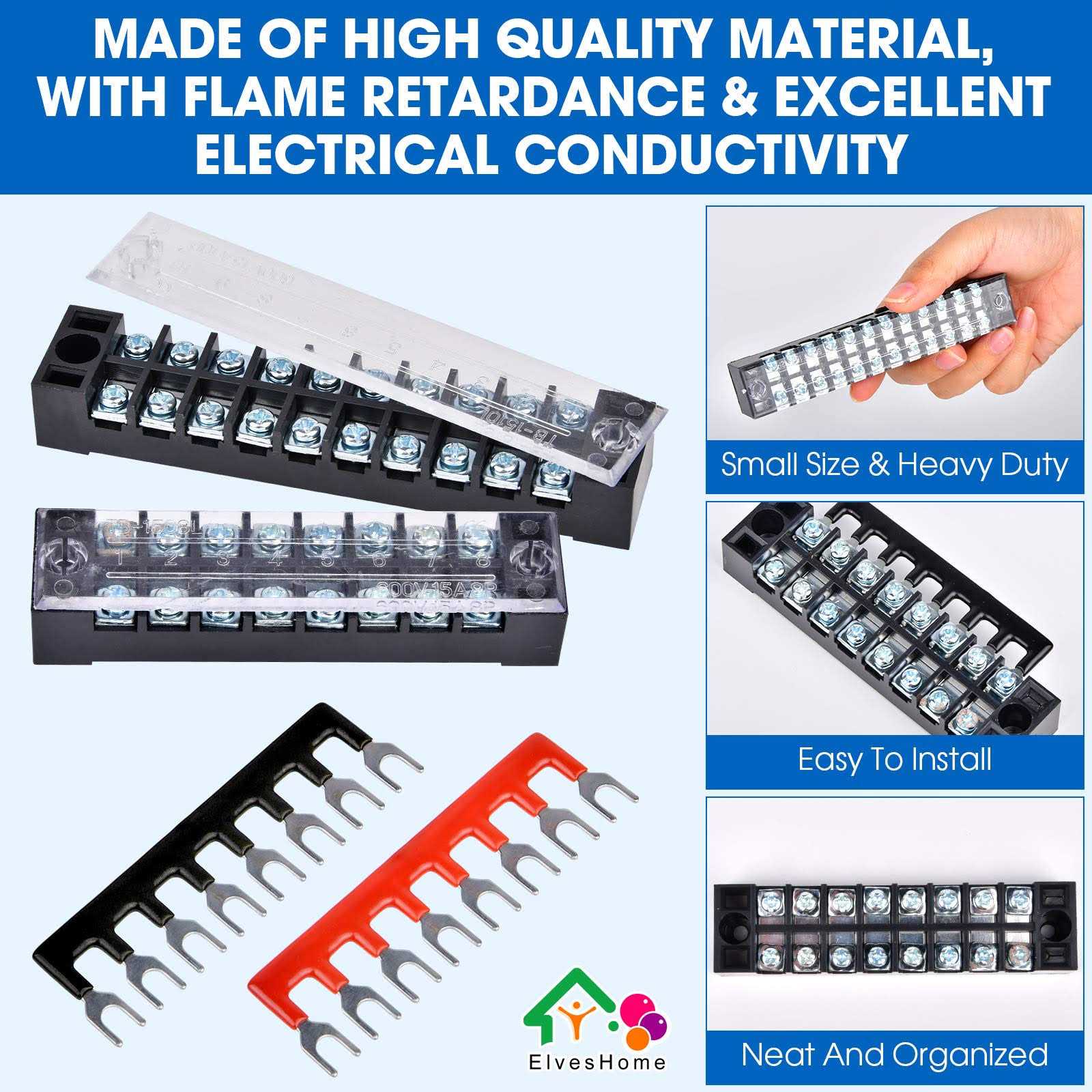 ElvesHome Terminal Blocks Ground Circuit 12PCS/6 Set 8+10+12 Positions 600V 15A Dual Row Bus Bar Wire Amp Mount Screw Terminal Block Kit with Cover - Cheap Fitting