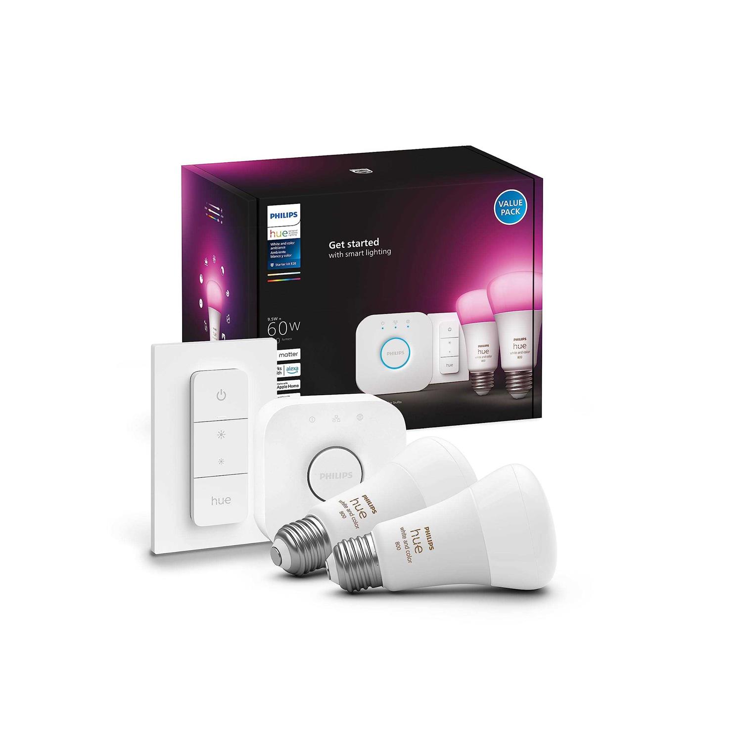 Philips Hue White and Color Ambiance Smart BulbStarter Kit Includes a Bridge, Dimmer Switch, and 60W A19 LED Smart Color C - Cheap Fitting