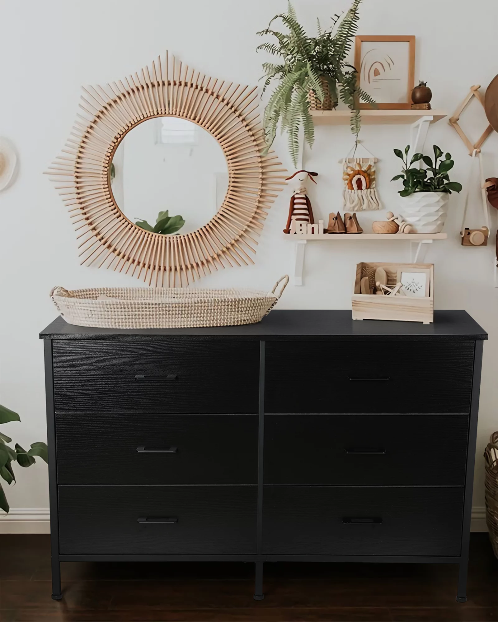47.3'' Drawer Dresser Chest of 6 Drawers, Storage Dresser Tower for Bedroom, Living Room, Hallway, Nursery, White Storage Cabinet Wooden Dresser with Steel Frame, White - Cheap Fitting