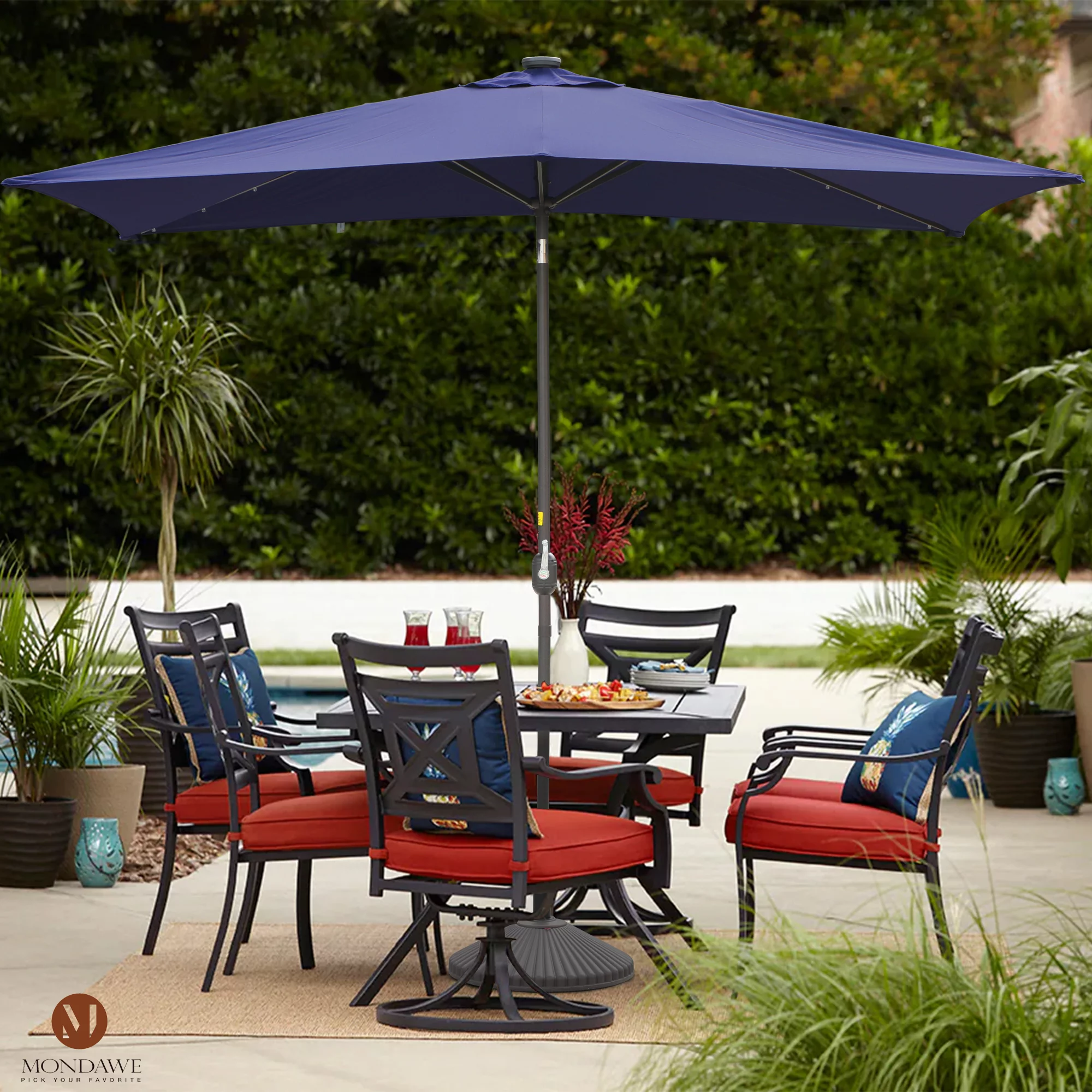 6.5 x 10ft Rectangular Patio Umbrella with 26 Led Lights Outdoor Market Table Umbrella with Push Button Tilt and Crank for Garden(Red) - Cheap Fitting