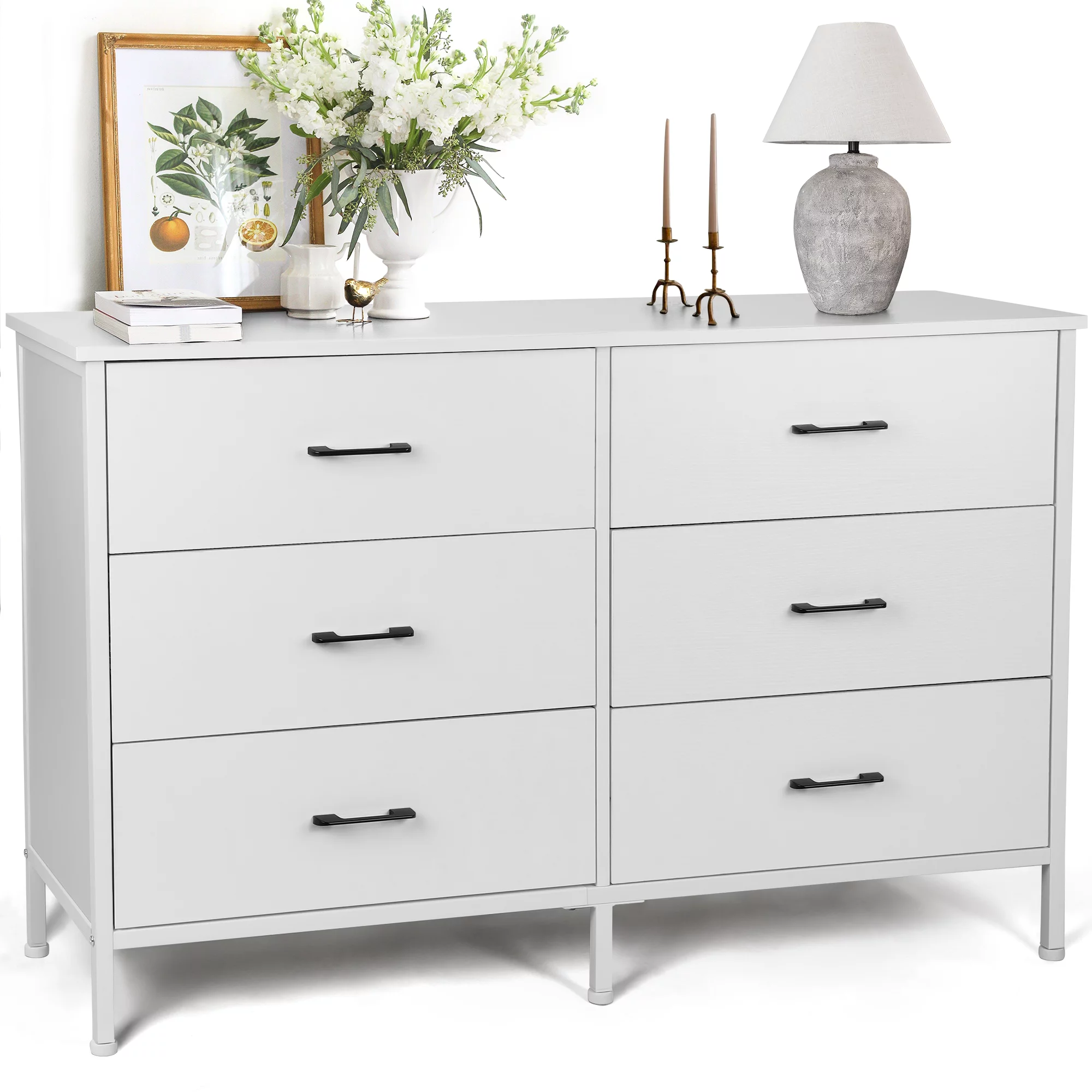 47.3'' Drawer Dresser Chest of 6 Drawers, Storage Dresser Tower for Bedroom, Living Room, Hallway, Nursery, White Storage Cabinet Wooden Dresser with Steel Frame, White - Cheap Fitting