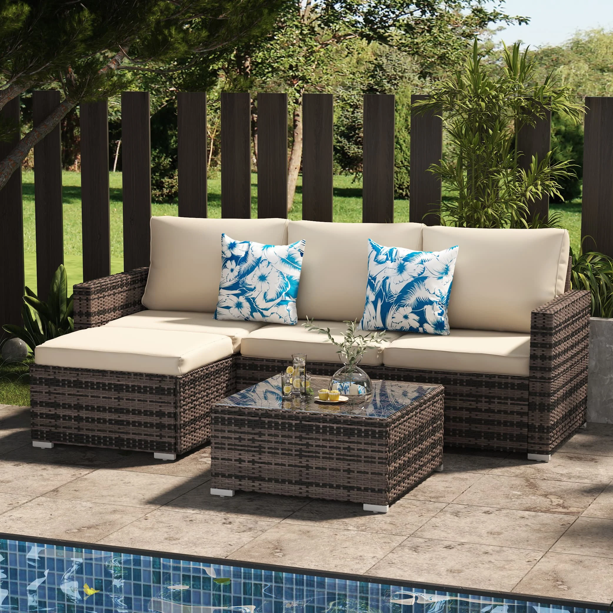SUNTONE Patio Conversation Sofa Set - 3 Piece All Weather Wicker Outdoor Furniture Set, Gray Rattan & Black Cushions - Cheap Fitting