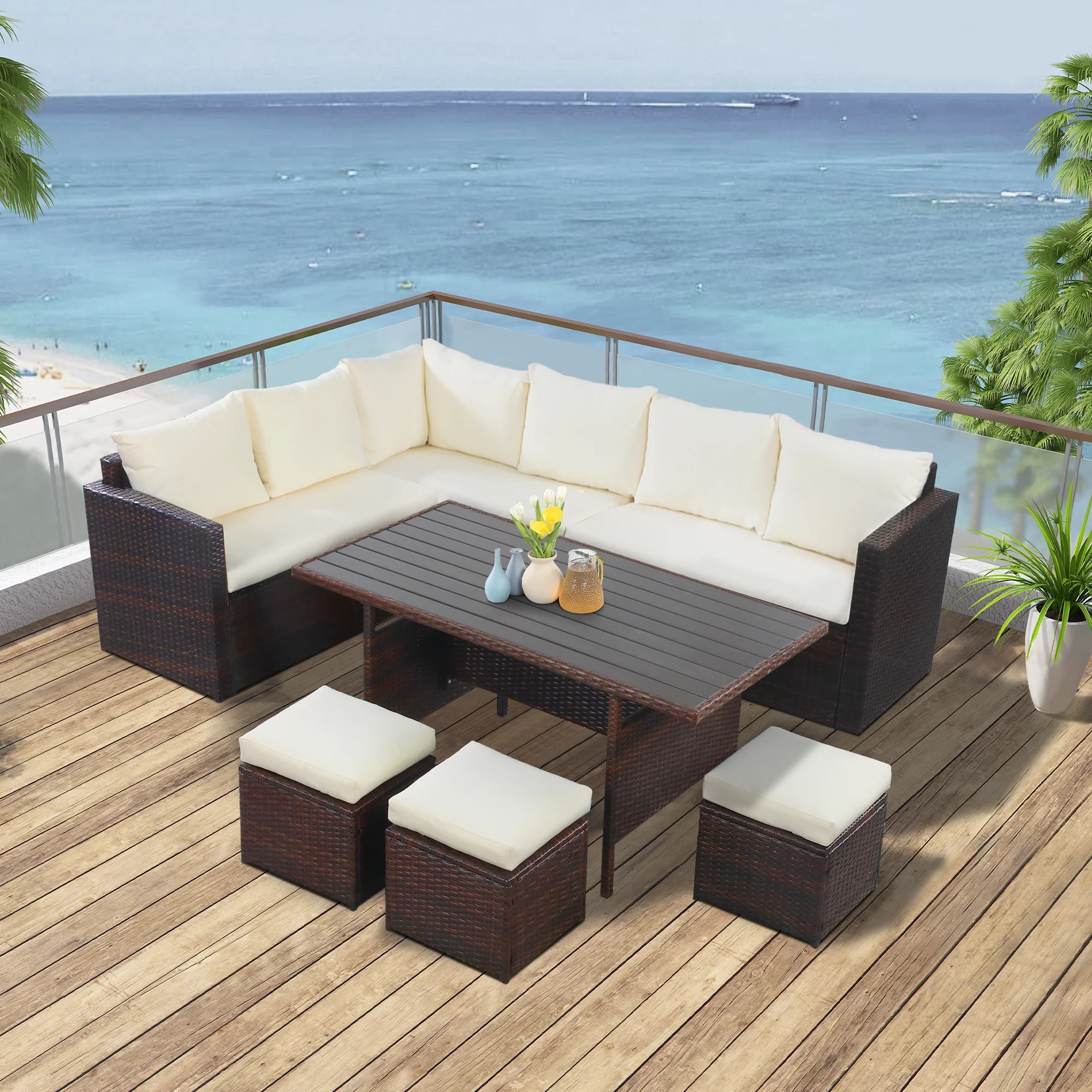 Superjoe 7 Piece Outdoor Patio Furniture Set, Dining Sectional Sofa with Dining Table and Chair, All Weather Wicker Conversation Set with Ottoman, Ivory - Cheap Fitting