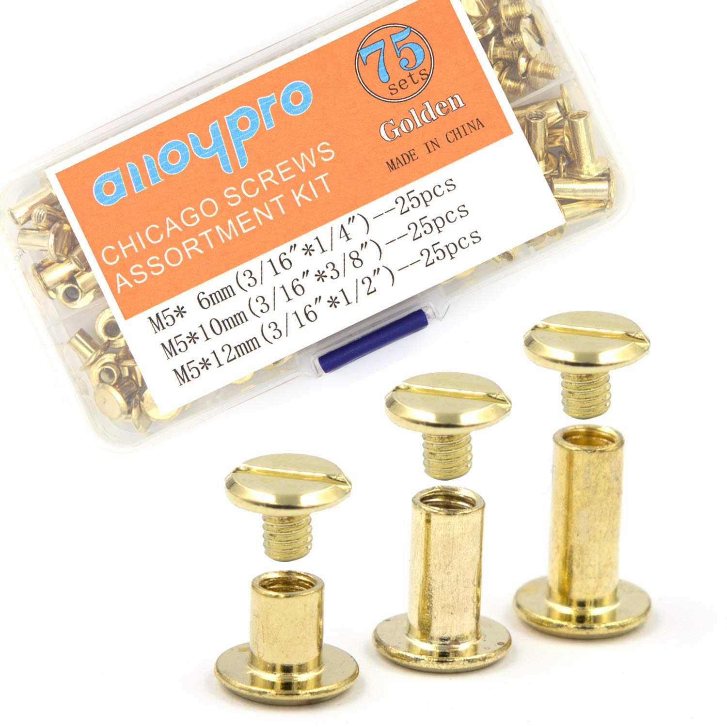 75 Sets Chicago Screws Assorted Kit 3 Sizes Golden Leather Rivets 1/4 3/8 1/2 Screw Rivets Flat Fillister Book Binding Posts Nail Rivet Chicago - Cheap Fitting