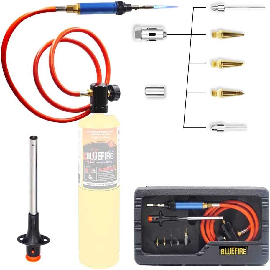 BLUEFIRE 3′ Hose MAPP Gas Soldering Mini Pen Torch Full Kit Multi-Function with Free Flint Lighter Hotter than Butane Pen Portable Welding Station - Cheap Fitting