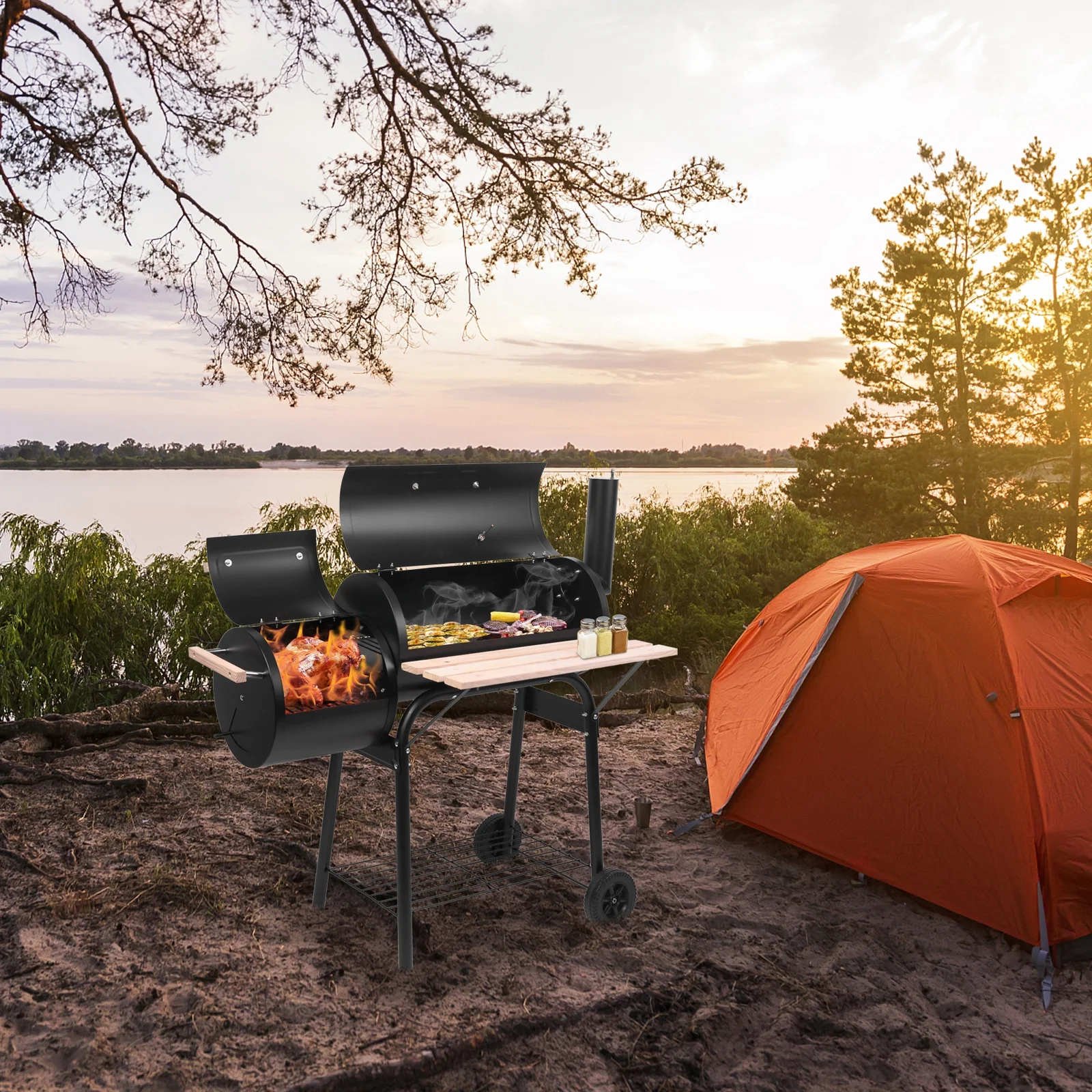 Zimtown BBQ Charcoal Grill Outdoor Barbecue Pit with Offset Smoker Patio Backyard Black - Cheap Fitting