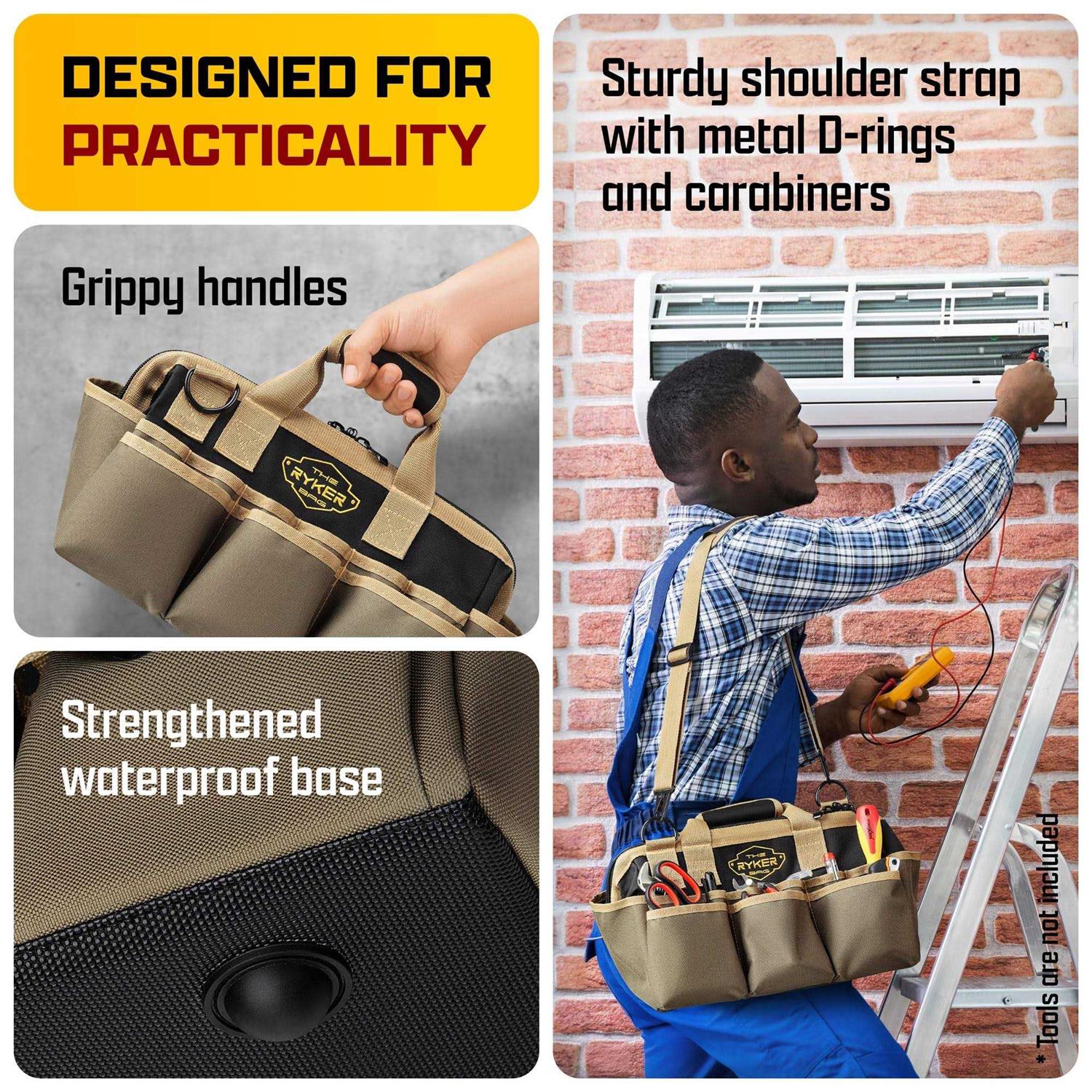 The Ryker Bag 14-Inch Tool Bag Organizer Small Tool Bag. Heavy Duty Tool Bags for Men/Women. Wide Mouth Tool Bag Small. 22 Pockets Toolbag - Cheap Fitting