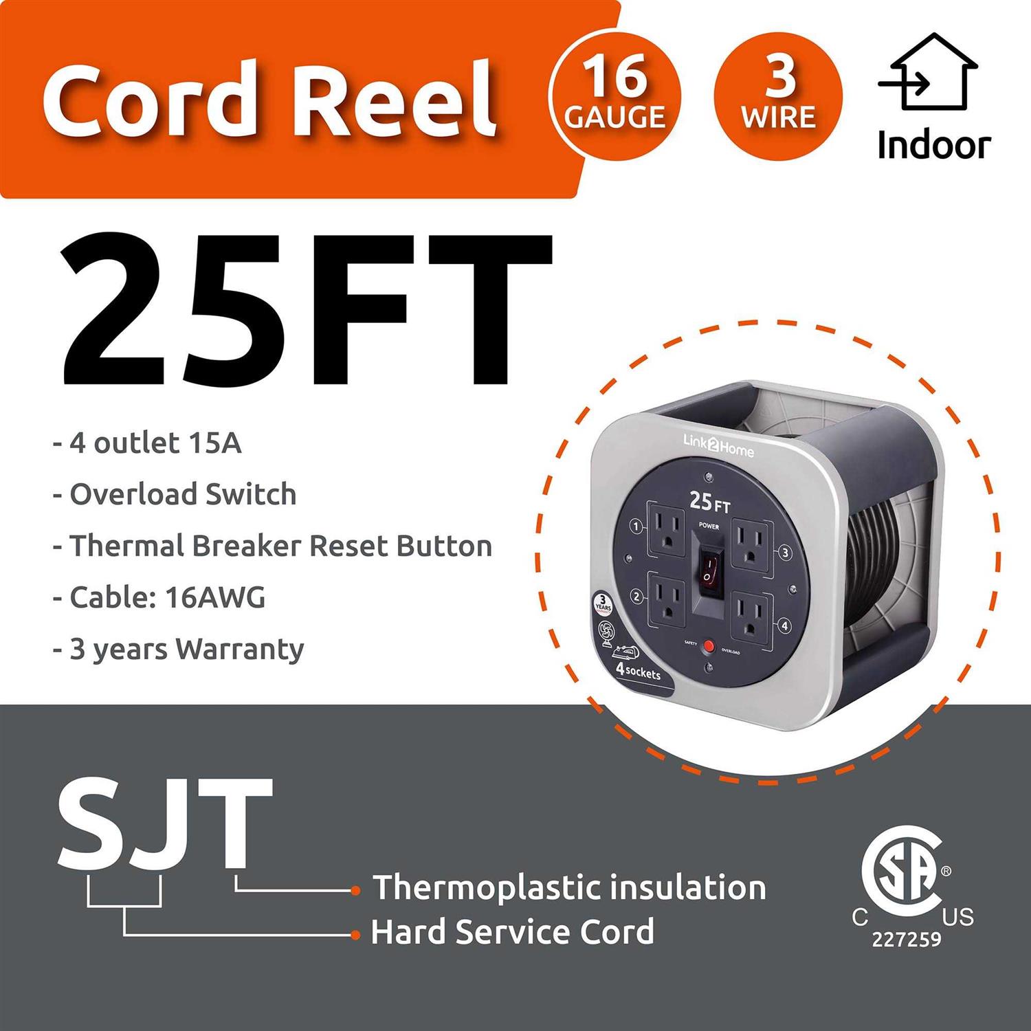 Link2Home Cord Reel 25 ft. Extension Cord Power Outlets - Cheap Fitting