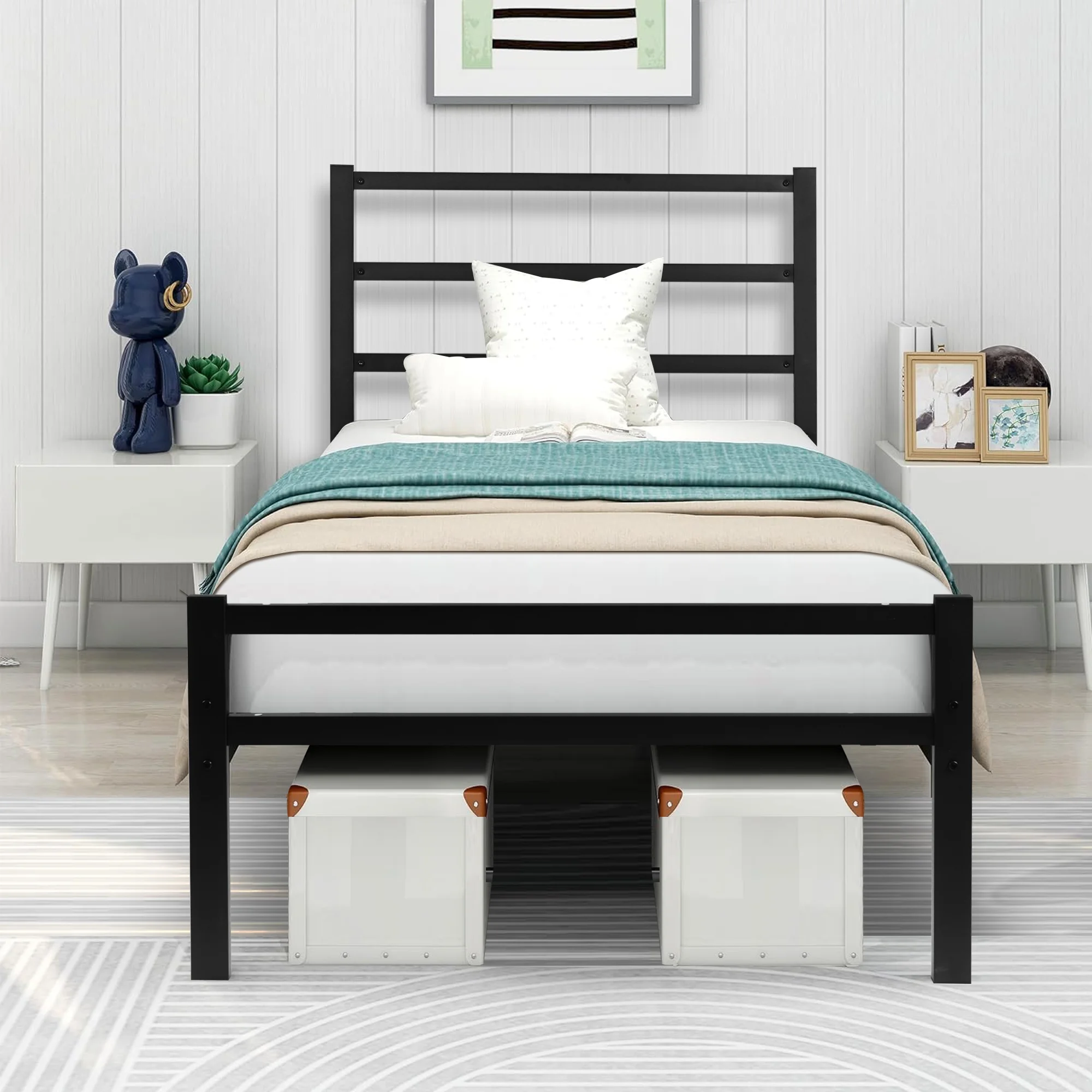 SESSLIFE Twin Size Platform Bed Frame with Wood Headboard and Metal Slats, Rustic Country Style Mattress Foundation, Strong Metal Slats Support, Easy Assembly, Black - Cheap Fitting