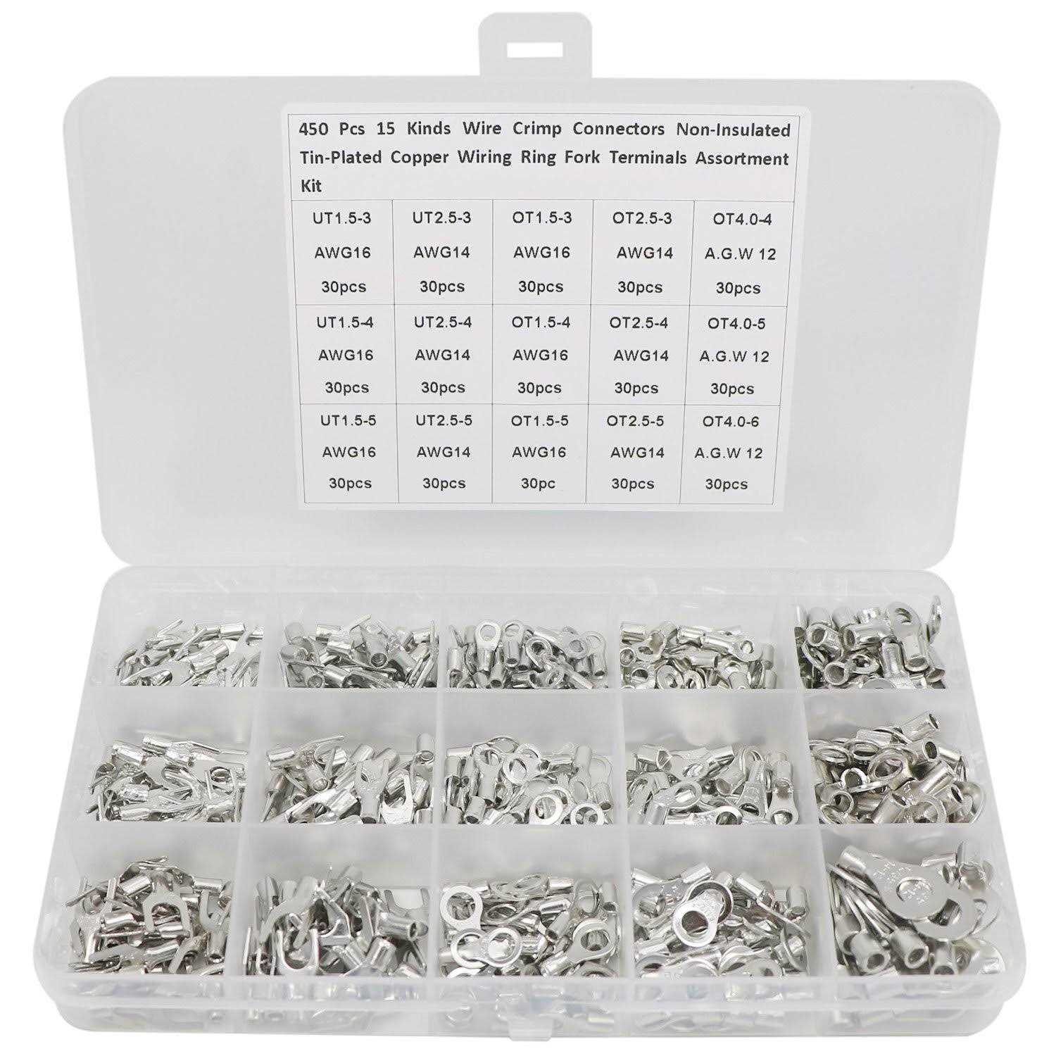 Zovfam 450Pcs 15 in 1 Crimp Terminal Non-Insulated Ring Fork U-Type Female Terminals Assortment Kit Cable Wire Connector Crimp Electric Wire Terminals - Cheap Fitting