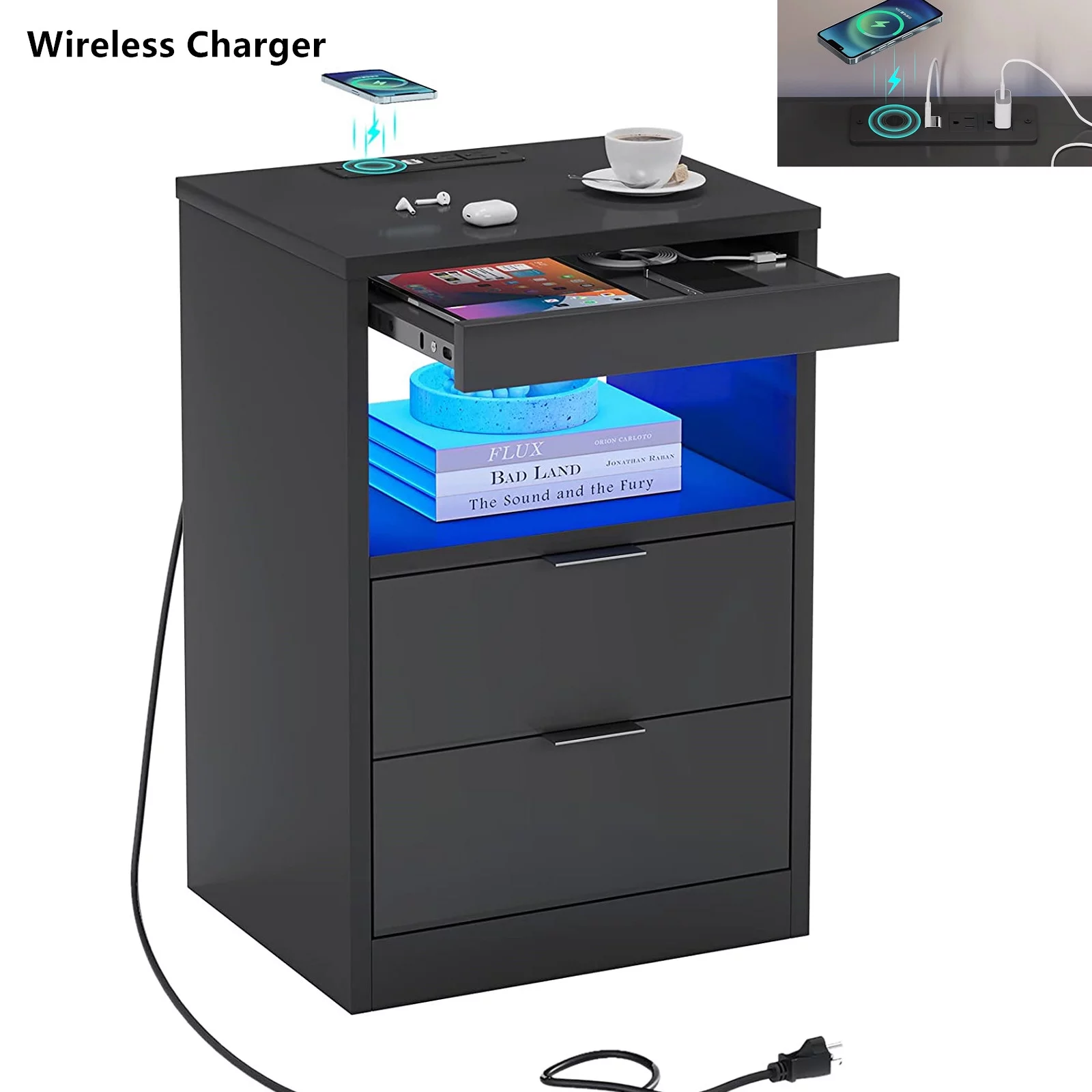 Aunfebrco Set of 2 Black LED Nightstand with Wireless Charging Station & 2 Drawers, Modern End Side Table Bedside Table for Bedroom - Cheap Fitting